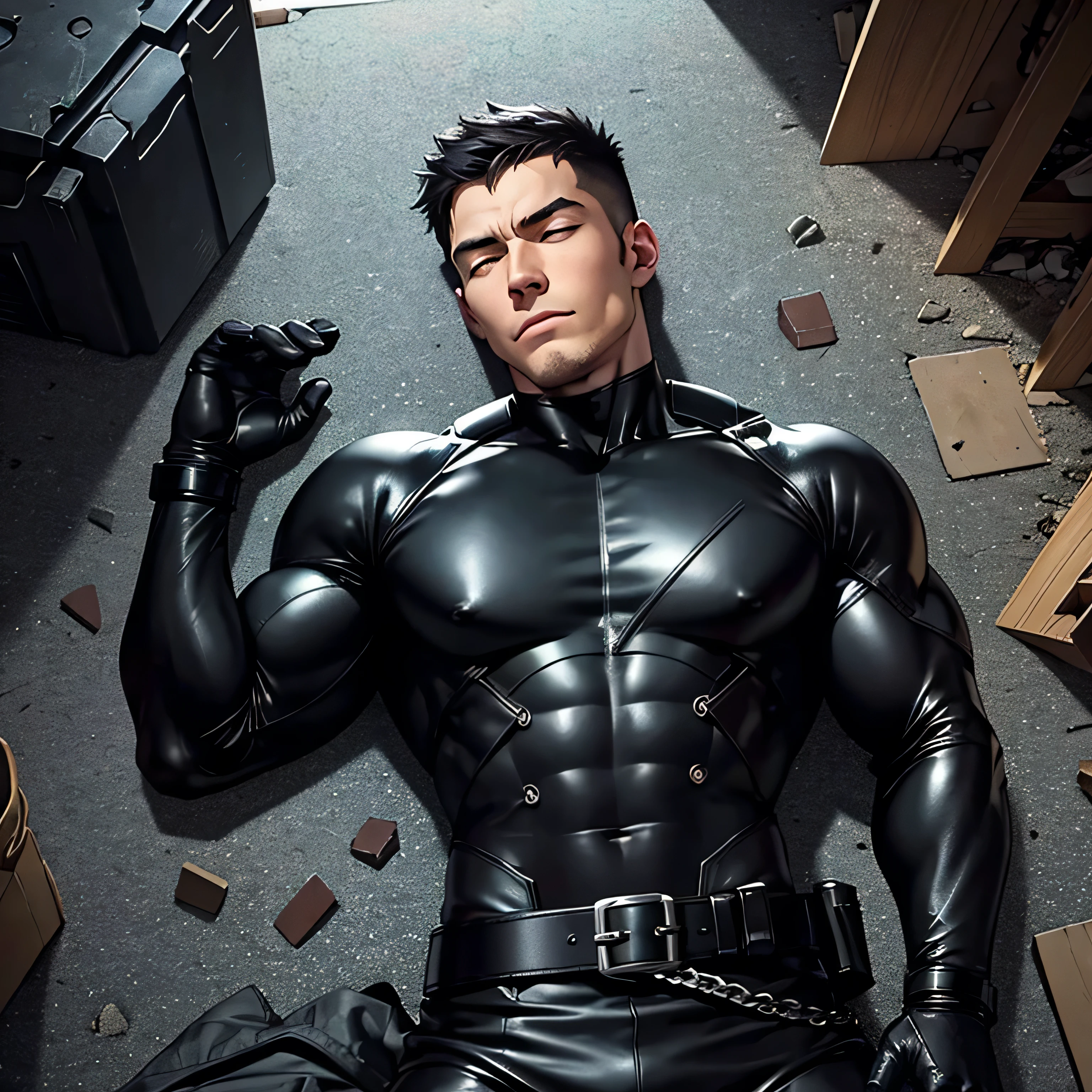 Age 27, One Man,Muscular、 black bodysuit 、 black leather pants 、Shocker Belt、 black gloves 、 black boots 、Combatant、Combat pose、 Face、City of Rubble bombing inflammation feet Spread it out、 lying on your back 、Gay、logic、Handsome soldier Cool guy Upper Body Up Injury Sleeping View from above