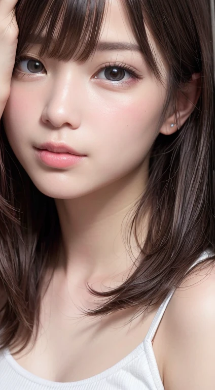 masterpiece, highest quality, 8k, 20th generation, Big Breasts, cute, alone, sad, cute, Girlish, cute、Delicate girl, Pure beauty,  RAW Photos, Professional photography, Portraiture, Soft Light, Professional Lighting, Backlight, Head to knee photo, avert your eyes, Sophisticated, Film Grain, (Round face、Young Face、Thin eyebrows、Thin lips:1.0), Floating Hair, beautiful, Flowing hair, bangs, White blouse、pastel cardigan、(Big Breasts:1.2)、You can see the chest a little、Micro Mini Skirt、Voluptuous thighs、dolly make、Heterochromia iridis、Left and right eyes are different colors、Midsummer sky、Cumulonimbuidsummer Beach