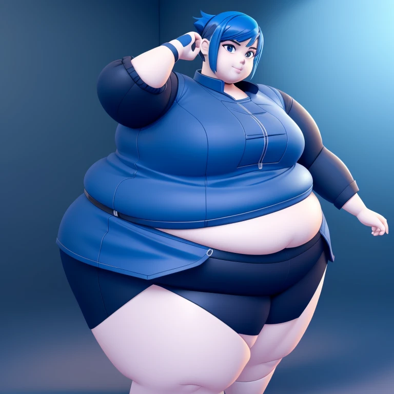 Young girl, a cartoon character light dark blue clothing, (short hair and dark blue), stylized character, animation character, stylized 3d render, 3d character, highly detailed character, stylized anime, stylized 3d, render character, character model, full body plus, maximum quality, coast view, ssbbw