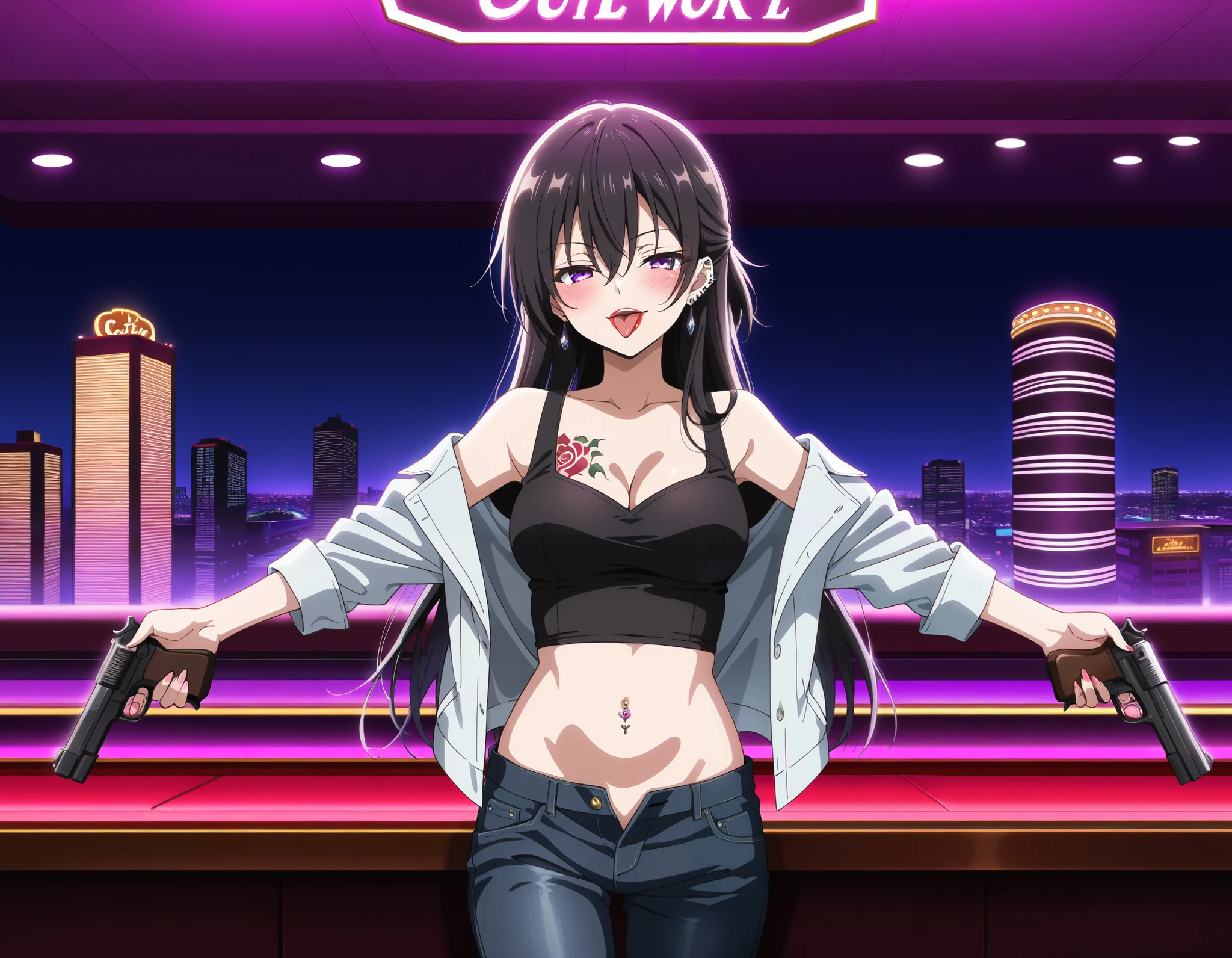 score_9, score_8_up, score_7_up, source_anime,
1girl, solo, 
yuki suou, black hair, long hair, half updo, hair between eyes, purple eyes,
long hair, earrings, red lips, medium breasts,, ear piercing, long hair, blush, lipstick,Hot girl, baddie, smoking, sensual, attractive , nightclub, casino, bar, indoor, cityscape, building, city lights, masterpiece,high quality,4k, bare
shoulder,belly,crop top,holding pistol,cleavage, unbuttoned shirt,shirt, knot, indoor,smile, open
mouth, (nsfw) not safe for work, evil expression, exposed belly, exposed navel, exposed midriff,
exposed lower belly, ,jacket, unbuttoned jeans , low rise black jeans,
Low rise jeans, Low rise jeans with open fly,, dragon tattoo, tattoo midriff, rose tattoo, open
arms sideway, arms T-pose, smirk, standing, anime girl T posing ,navel piercing, tongue out,