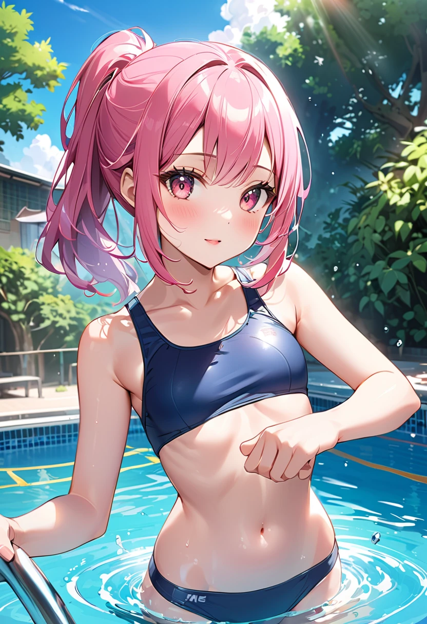 ((female)), (very messy hair), (sorriso feliz), Presas, ((abdominais rasgados)), Toned arms and legs, peitos pequenos, molhada, (Pool scenery), olhos bem azuis, standingn, barefoot, sentada na piscina