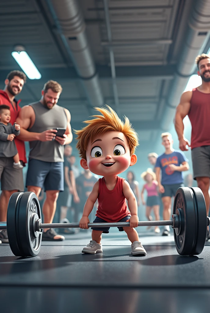 Superkid working at gym with dumbbells