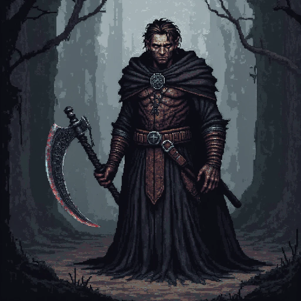 df_pixel_style. Villain: Vorathis the Shadowborne Background: Vorathis the Shadowborne is a being of ancient and malevolent origin, born from the shadows and the whispers of forgotten evils. Once a powerful and noble warrior, Vorathis was corrupted by his own ambition and the dark influences of the underworld. Now, he seeks to reshape the world in his image, a realm of eternal darkness and despair. Appearance: Height and Build: Tall and gaunt, with an emaciated frame that seems to absorb light around him. His presence is both eerie and commanding. Hair and Eyes: His hair is a mass of tangled, jet-black strands that seem to move of their own accord. His eyes are a deep, hollow black, with a faint, eerie glow that reflects his soulless nature. Clothing: Wears a tattered, black robe that seems to shift and move like living shadows. The robe is adorned with dark runes and symbols of power and corruption. Weapon: Wields a scythe-like blade, forged in the fires of the underworld, that drips with dark energy and can drain the life force of its victims. 