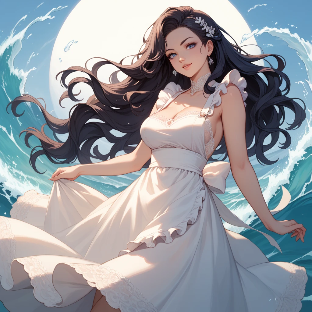 "Create a full-body, anime-style illustration of a confident and alluring woman with a voluptuous figure. She has long, flowing dark hair styled in soft waves and a slightly mischievous expression. Her outfit consists of a semi-revealing black lace top with delicate patterns and a white apron tied around her waist, creating a mix of elegance and subtle boldness. The pose should showcase her charm, with a relaxed yet captivating stance, exuding an air of sophistication and playful confidence. The lighting should highlight the intricate lace details of her outfit and softly illuminate her features, emphasizing her striking presence."