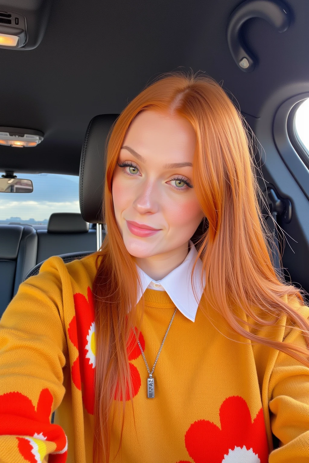 emmaleiah. This photograph captures a young woman sitting in the backseat of a car, taking a selfie. She has long, straight, vibrant red hair that cascades down her back and shoulders, contrasting with her fair skin and striking facial features. She has a slender build and is wearing a cozy, oversized, mustard-colored sweater adorned with large, stylized orange flower patterns. The sweater is slightly oversized, fitting loosely over a white collared shirt.