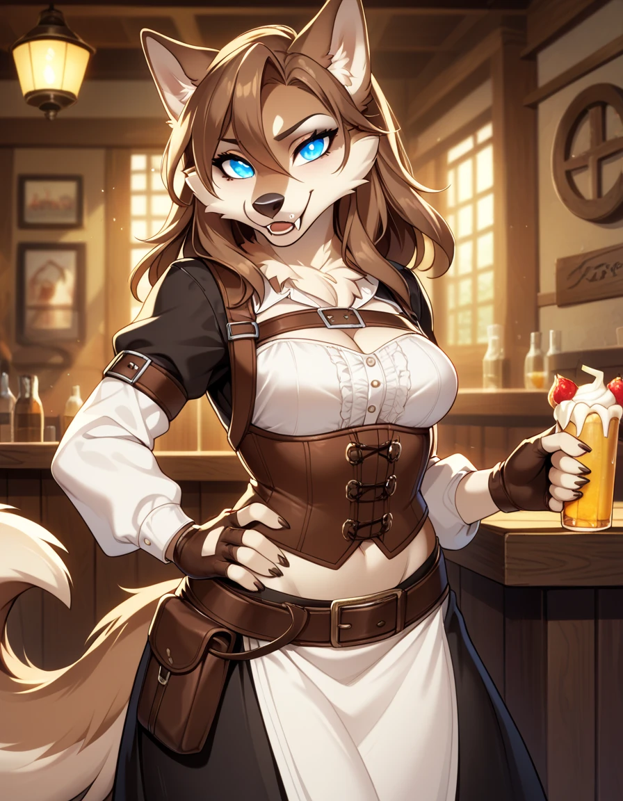 1girl, tail, furry, animal_ears,glowing blue_eyes, brown_hair, belt, looking_at_viewer, furry_female, gloves, wolf_tail, sad smile, wolf_ears, fingerless_gloves, hair_between_eyes,long skirt, hand_on_hip, snout, breasts, pouch, brown_gloves, cream white corset, wolf_girl, fangs, medium_hair, long_sleeves, medium_breasts, brown_belt, artist_name, tavern outfit