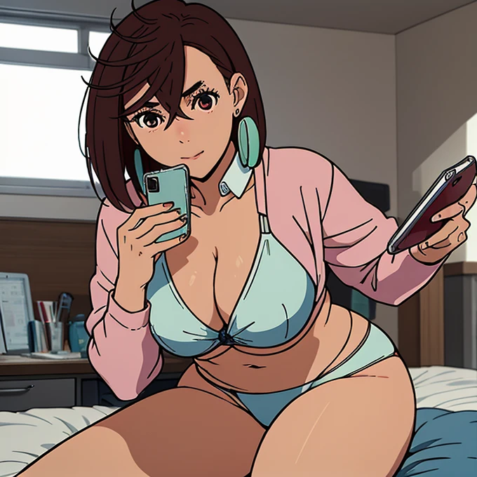 Ayase momo short brown hair medium tits healed abdomen thick thighs white thighs panties white dental floss and white bra inside the sexy bedroom taking sexy photo with cell phone thick thighs thighs big and thick cell phone in the hand sexy