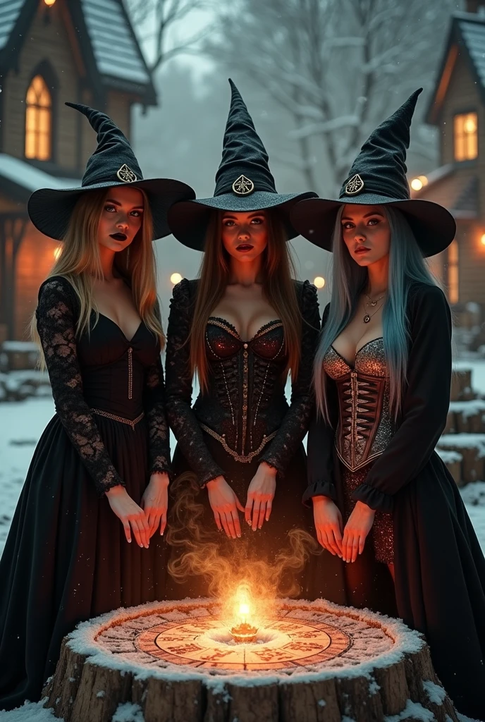 ((high angle, full body, intricate details)), three beautiful witches, hot, beautiful, horny, sexy, with red hair, beautiful lips, flowing curly hair, wearing low-cut short black dresses, witch hat, barefoot, wearing a hat witches, they are sitting on the sidewalk next to their hut, in the forest, talking and smiling, having fun, happy, hot witches are having fun in front of their house.