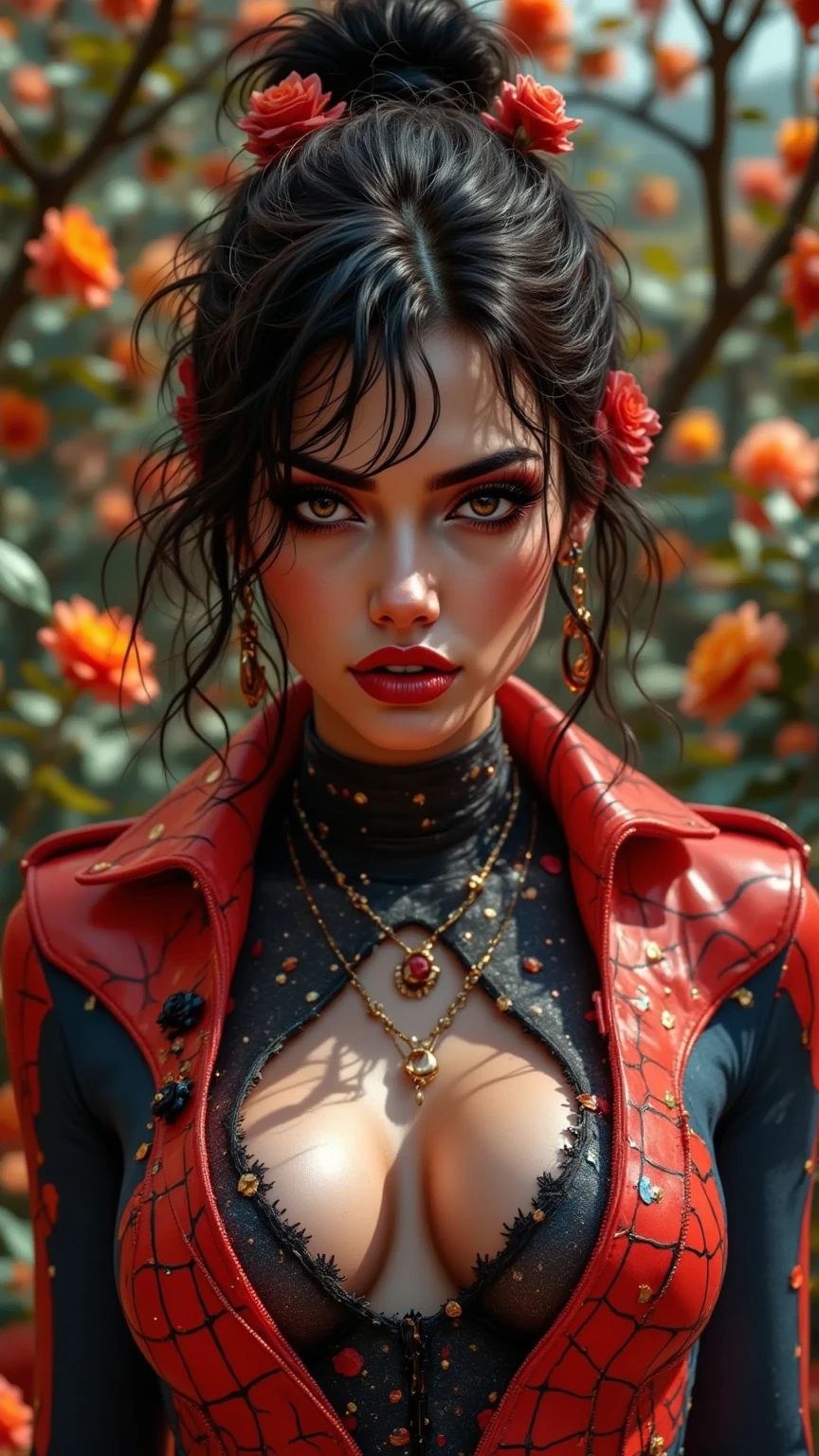   a beautiful young woman in a skin-tight costume with spider motif,  extremely detailed face and eyes , Detailed hair,  complicated spider web costume  ,  realistic,  cinematic light, photo realistic, 8k,  masterpiece, ( best quality ,4K,8k, highres icon, masterpiece:1.2), ultra detailed ,( realistic,photo realistic,photo- realistic:1.37), cinematic light, dynamic pose ,eye-catching color palette , atmospheric 