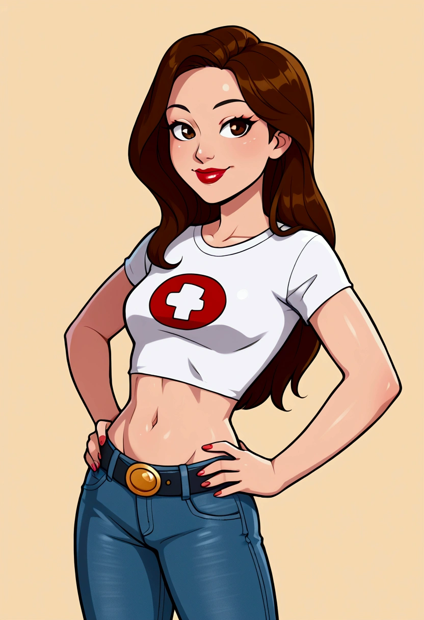 Asian woman, long hair, solo, wearing lipstick, small white t-shirt, crop top, jeans, belt, midriff, navel, groin, smile, hands on hips