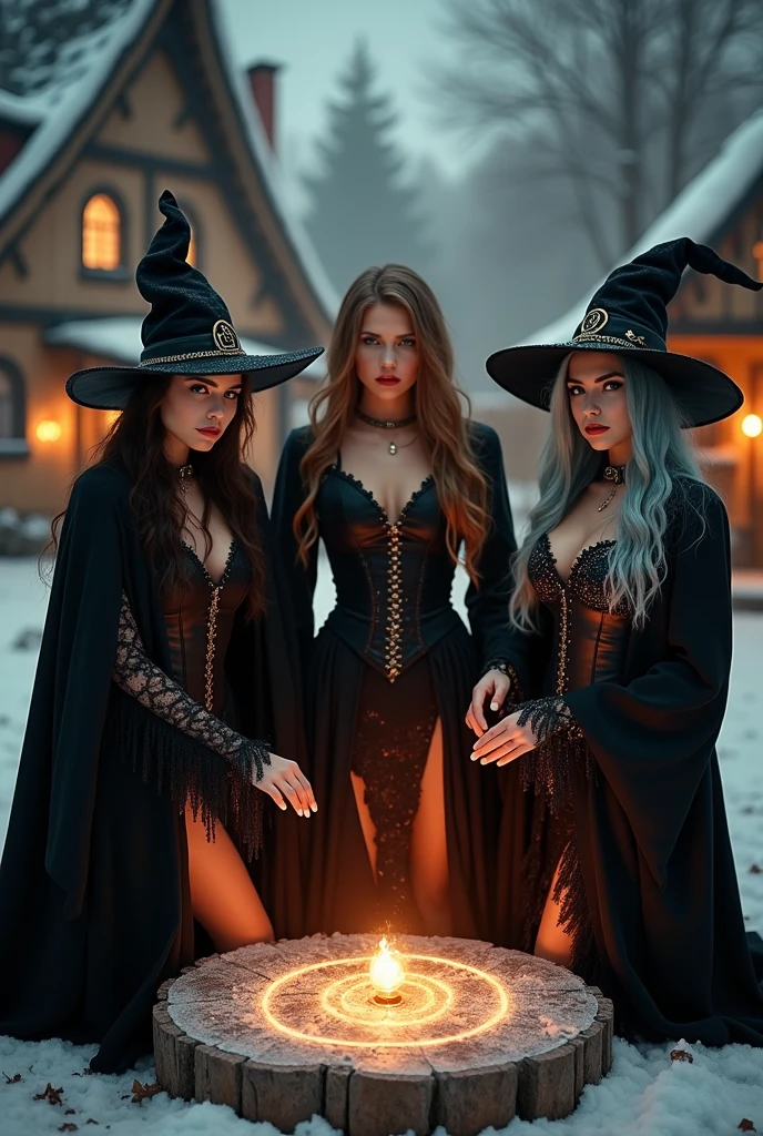 (best quality:1.2,ultra-detailed,realistic:1.37), two sexy nude witches, with detailed slender bodies with runic tattoos all over their naked bodies, (extremely beautiful faces with gothic makeup, pale skin, slender bodies with small to medium sized tits, shaved pussies, and long flowing hair) casting spells, enchanted forest background, mesmerizing atmosphere, (nude wearing only tall shiny knee high boots and flowing robes exposing their naked bodies), (commanding poses, using wands, swirling magic in the air, dark magic, necromancy, midnight gathering of witches, full nude body view, 30' in front of viewer, head-to-toe in frame. (beautiful faces, super model, all women are chasing the viewer with their hands outstretched, reaching for him)