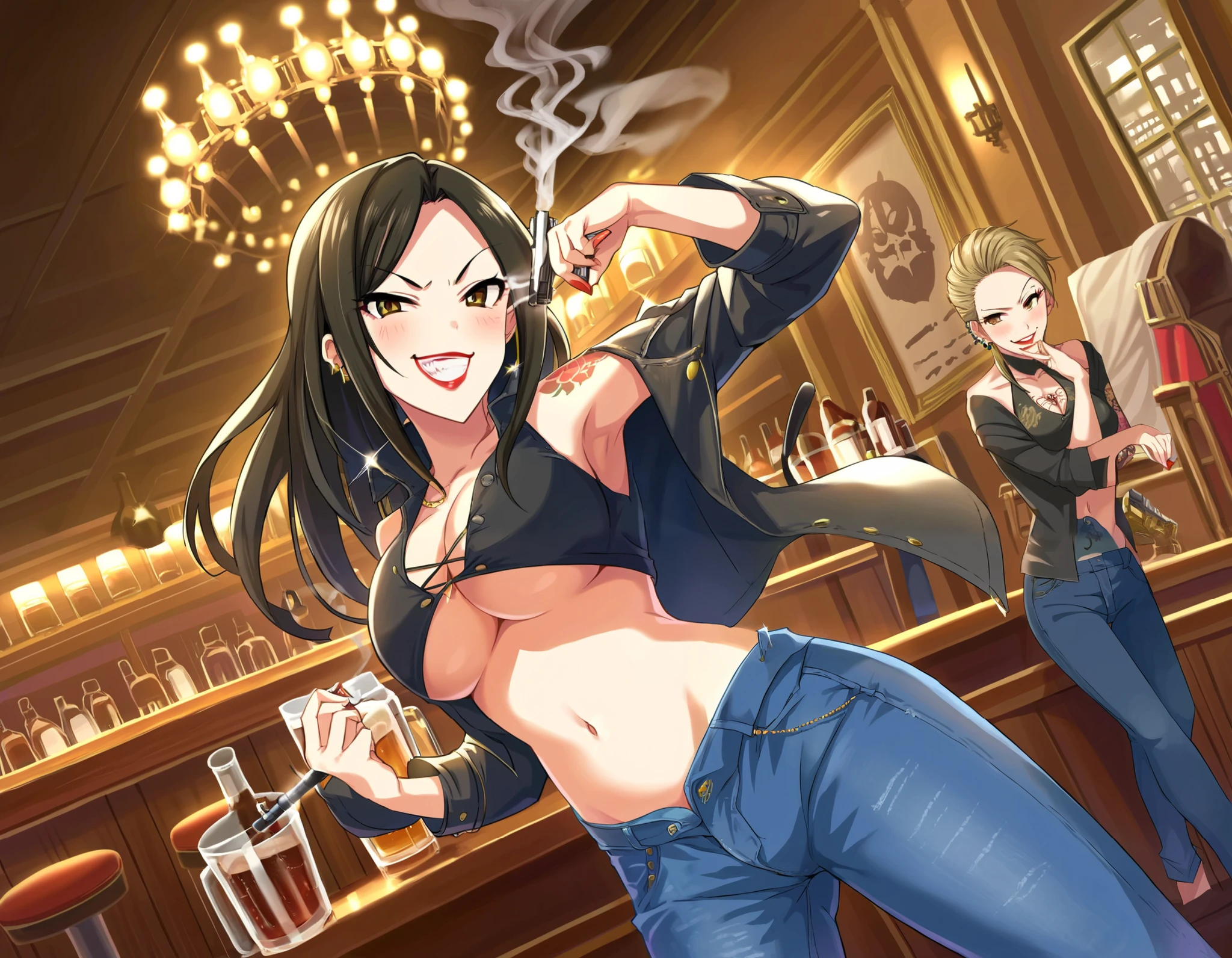 score_9, score_8_up, score_7_up, source_anime,mukai takumi, long hair, black hair, hazel eyes, 1girl, smirk, red lips, large breasts, bad attitude, mean girl, ear piercing, long hair, blush, lipstick,Hot girl, baddie, smoking, sensual, attractive , bar background, inside bar,indoors, bar, indoor, cityscape, building, masterpiece,high quality,4k, bare shoulder,belly,crop top,holding pistol,cleavage, unbuttoned shirt,shirt, knot, indoor,smile, open mouth, (nsfw) not safe for work, evil expression, exposed belly, exposed navel, exposed midriff, exposed lower belly, crop top overhang, underboob,jacket, unbuttoned jeans , low rise black jeans, Low rise jeans, Low rise jeans with open fly , tattoo on body, rose tattoo, dragon tattoo, , shiny skin, open arms sideway, arms T-pose, smirk, standing, anime girl T posing,