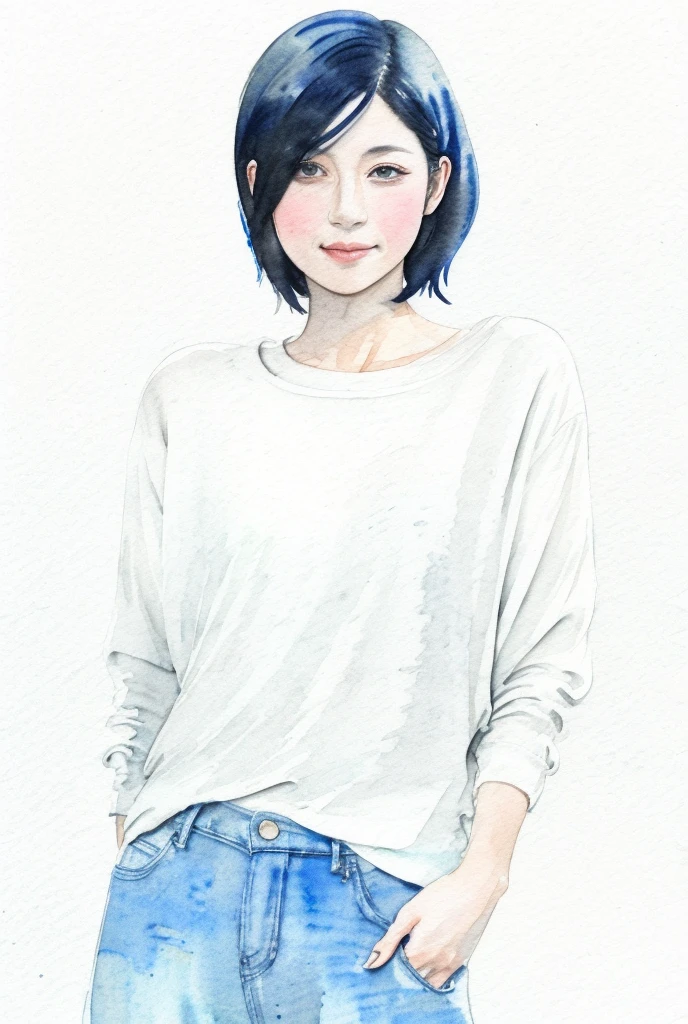 (a watercolor painting:1.5), (1 girl), a Japanese woman, 40 years old, cute face, detailed face, a tender look, detailed eyes, slender body, very thin waist, round butts, black short hair, wearing a thin sweater and a white pants