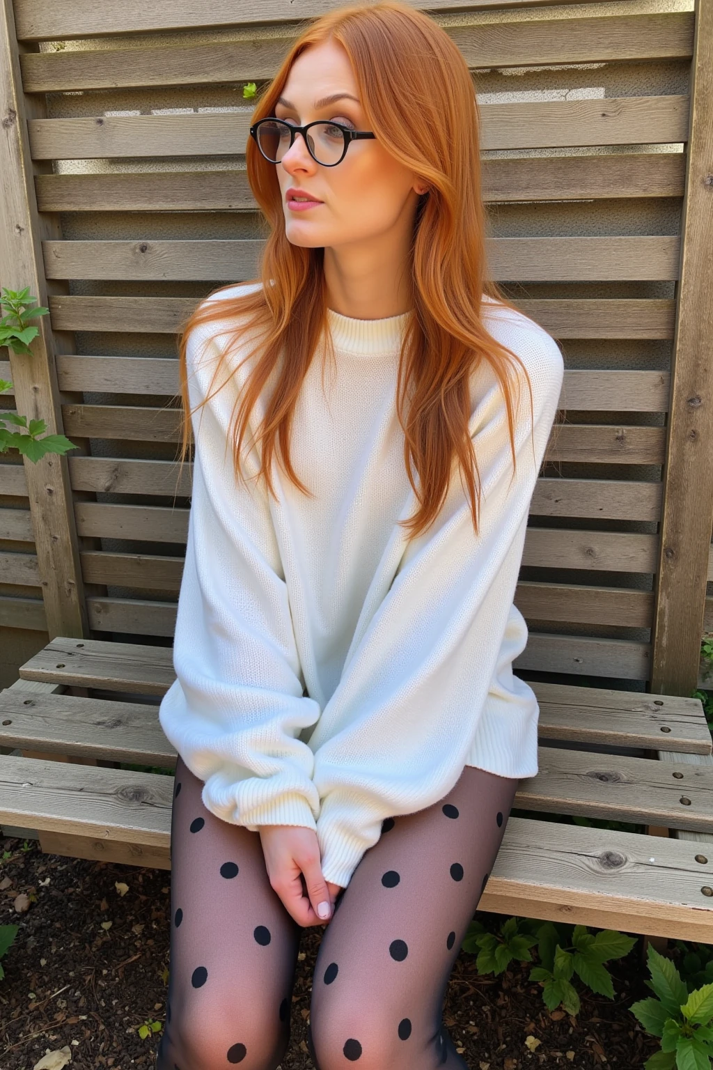 emmaleiah. The photograph captures a young woman with long, straight, fiery red hair and fair skin sitting on a rustic wooden bench. She is wearing a loose, oversized white sweater and black, semi-sheer tights adorned with small, black polka dots. She has a slender build and is seated with her legs slightly bent and her hands resting on her knees. Her face is framed by a pair of round, black-rimmed glasses, and she has a contemplative expression.