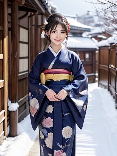 A scene in which a woman wearing a dark blue kimono with a floral pattern is walking down a beautiful path in Kyoto, a snowy landscape spreads out, and the snow is falling softly. The woman is seen from the front, and the floral pattern on her kimono contrasts with the whiteness of the snow. You can see traditional wooden buildings and snow-covered bamboo forests in the surrounding area. The gentle evening light glitters on the snow, creating a tranquil winter atmosphere. The vividly colored and detailed digital painting style gives a sense of the depth of the landscape,((masterpiece)), ((best quality)), (ultra-detailed), ((beautiful eyes)), Japanese female, (slender), ((30 years old)), beautiful, (cheerful grin:1.3),