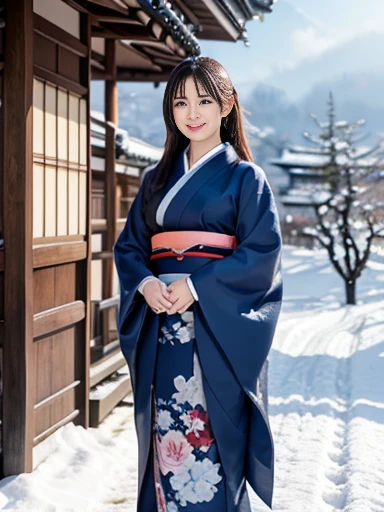 A scene in which a woman wearing a dark blue kimono with a floral pattern is walking down a beautiful path in Kyoto, a snowy landscape spreads out, and the snow is falling softly. The woman is seen from the front, and the floral pattern on her kimono contrasts with the whiteness of the snow. You can see traditional wooden buildings and snow-covered bamboo forests in the surrounding area. The gentle evening light glitters on the snow, creating a tranquil winter atmosphere. The vividly colored and detailed digital painting style gives a sense of the depth of the landscape,((masterpiece)), ((best quality)), (ultra-detailed), ((beautiful eyes)), Japanese female, (slender), ((30 years old)), beautiful, (cheerful grin:1.3),