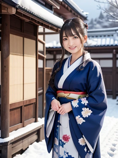 A scene in which a woman wearing a dark blue kimono with a floral pattern is walking down a beautiful path in Kyoto, a snowy landscape spreads out, and the snow is falling softly. The woman is seen from the front, and the floral pattern on her kimono contrasts with the whiteness of the snow. You can see traditional wooden buildings and snow-covered bamboo forests in the surrounding area. The gentle evening light glitters on the snow, creating a tranquil winter atmosphere. The vividly colored and detailed digital painting style gives a sense of the depth of the landscape,((masterpiece)), ((best quality)), (ultra-detailed), ((beautiful eyes)), Japanese female, (slender), ((30 years old)), beautiful, (cheerful grin:1.3),