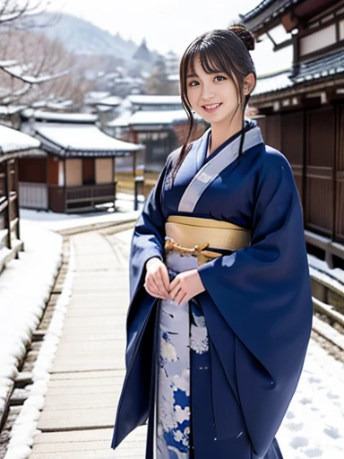 A scene in which a woman wearing a dark blue kimono with a floral pattern is walking down a beautiful path in Kyoto, a snowy landscape spreads out, and the snow is falling softly. The woman is seen from the front, and the floral pattern on her kimono contrasts with the whiteness of the snow. You can see traditional wooden buildings and snow-covered bamboo forests in the surrounding area. The gentle evening light glitters on the snow, creating a tranquil winter atmosphere. The vividly colored and detailed digital painting style gives a sense of the depth of the landscape,((masterpiece)), ((best quality)), (ultra-detailed), ((beautiful eyes)), Japanese female, (slender), ((30 years old)), beautiful, (cheerful grin:1.3),