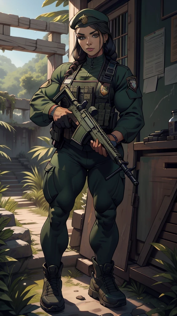 Photorealistic, high resolution, 1 very tanned american woman wearing a green beret, Solo, Hips up, Battlefield background，view the viewer, (Detailed face), braided hair, wearing a green beret and a special team logo, SWAT vests, airborne logo on the chest, sniper rifle handle, camouflage combat suit, Camoflage military uniform, SWAT Boots, bulletproof vest, Holding an assault rifle, M16, Inside the jungle of Royal Belum, Very detailed, Perfect face, Black eye, jewelry, (full body view), Lifelike, masterpiece, HDR, 4K