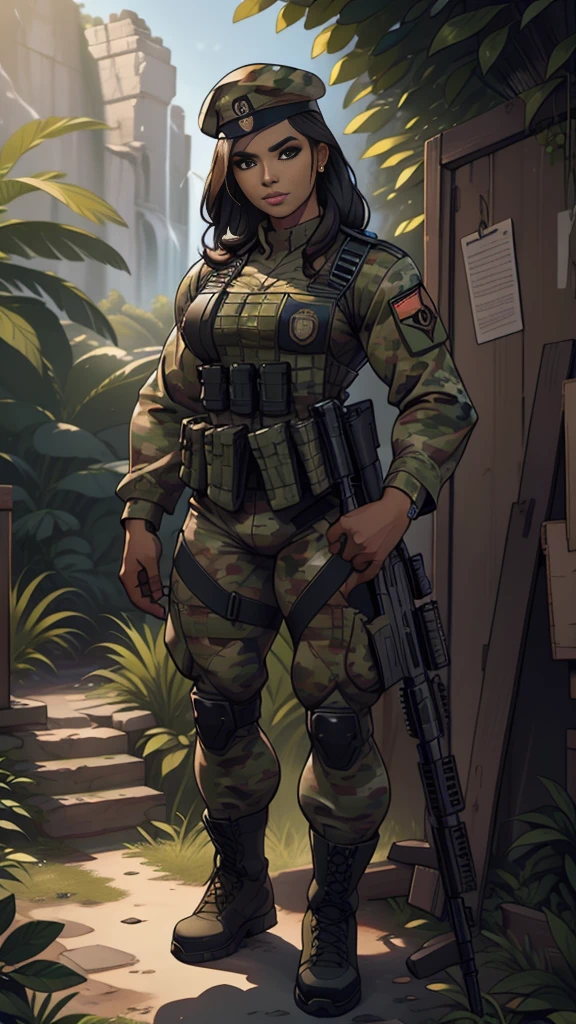 Photorealistic, high resolution, 1 very tanned american woman wearing a green beret, Solo, Hips up, Battlefield background，view the viewer, (Detailed face), braided hair, wearing a green beret and a special team logo, SWAT vests, airborne logo on the chest, sniper rifle handle, camouflage combat suit, Camoflage military uniform, SWAT Boots, bulletproof vest, Holding an assault rifle, M16, Inside the jungle of Royal Belum, Very detailed, Perfect face, Black eye, jewelry, (full body view), Lifelike, masterpiece, HDR, 4K