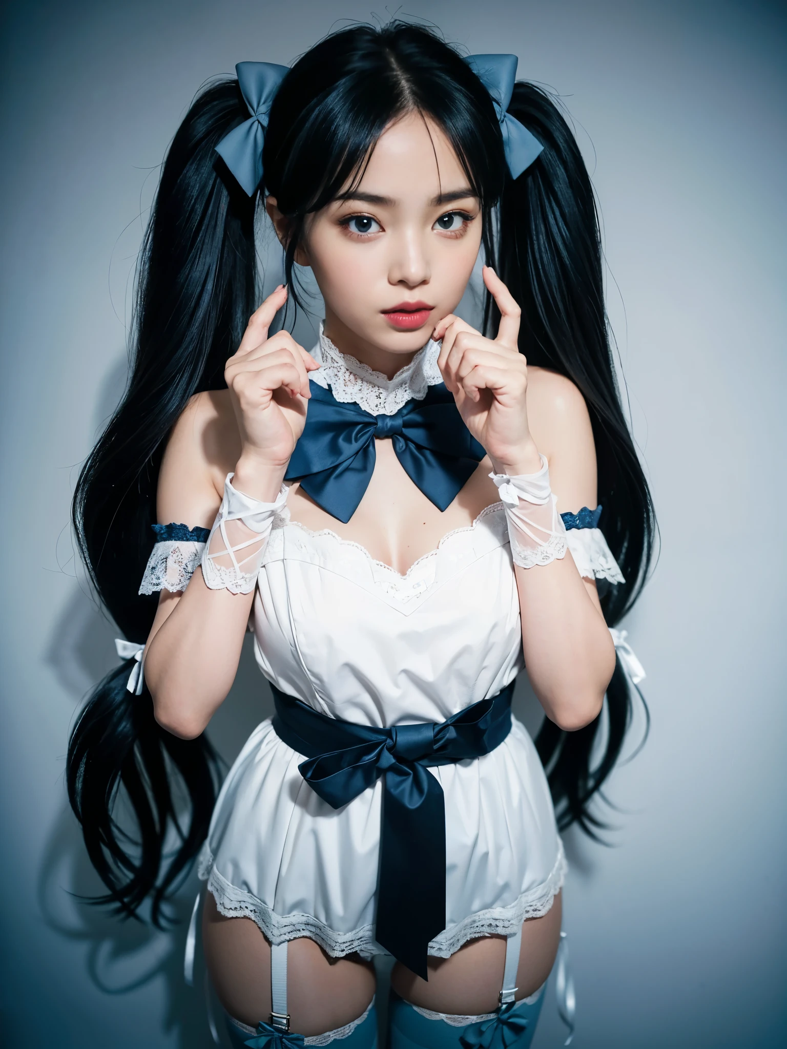 (8K, Raw photo, Best Quality, masutepiece:1.2), high-definition RAW color photography, professional photograpy, (Realistic, photographrealistic:1.37), ((Best Quality)), various attractive posing, full body shot;1.2. 1young girl, asymmetrical legwear, (black bow:1.2), black ribbon, (blue hair:1.5), bow, breasts, gloves,(hair bow:1.3), (very long hair:1.2), simple background, standing, striped bow, thighhighs, white background, white gloves, (lace legwear:1.2), Delicate hands, detailed fingers, five fingers, (one hand pinching the waist:1.3), (twintails:1.3), realhands, nsfw
