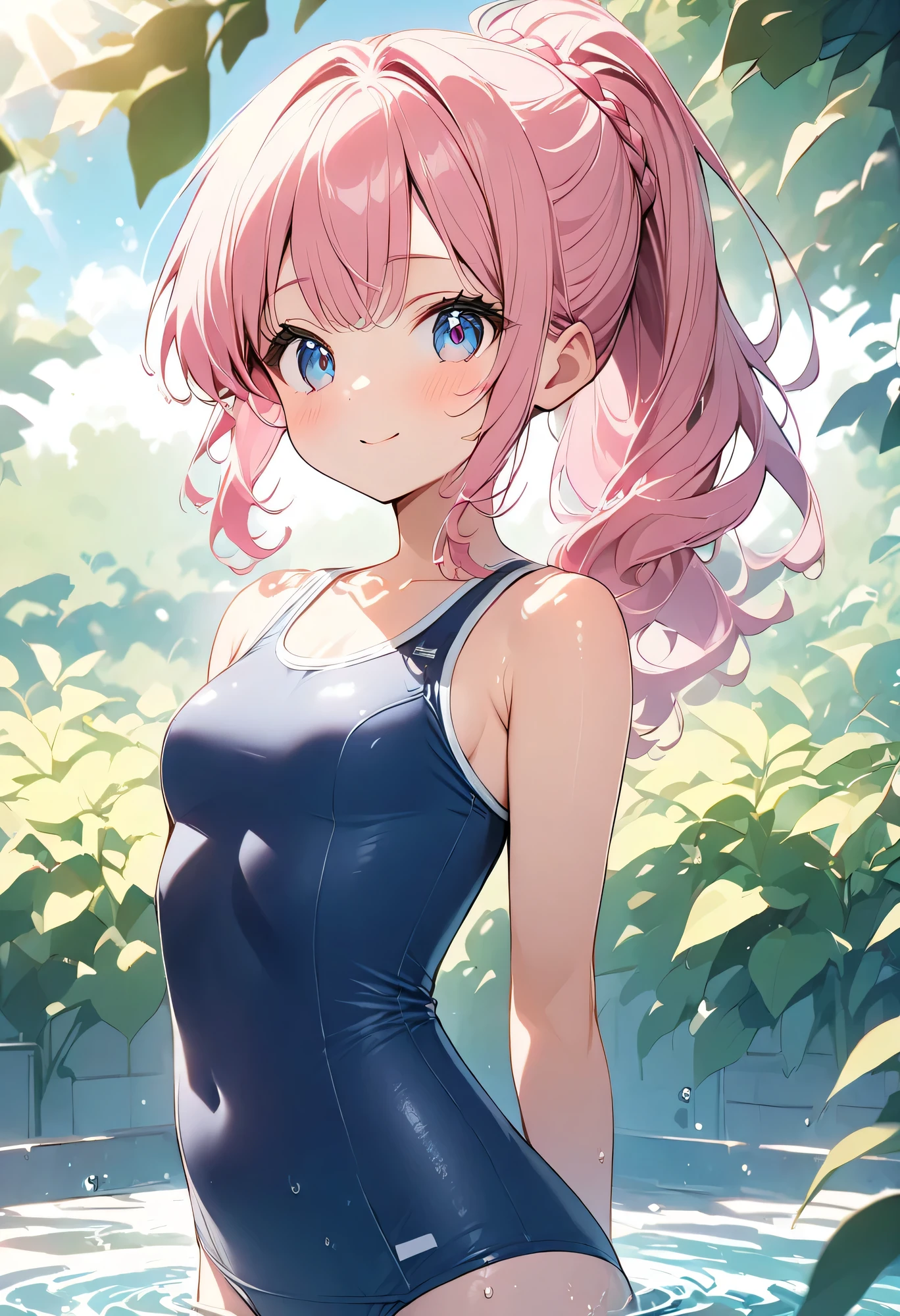 masterpiece、highest quality、Very detailed、Photograph the upper body、1 female、(Arms behind your back:1.4)、Are standing、Turn your body forward、View your viewers、(school swimsuit)、break,blush、shy、Pink Hair、Open your mouth、Pool、Big Breasts、