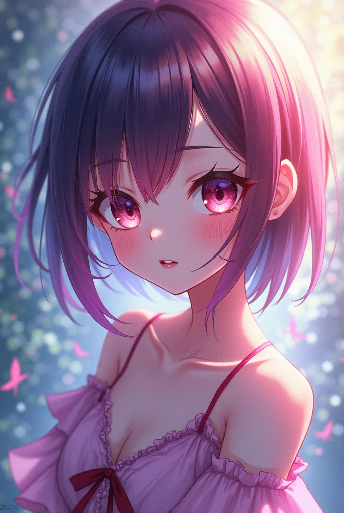 (highest quality:1.2, Very detailed, up to date, Vibrant, Ultra-high resolution, High Contrast, masterpiece:1.2, highest quality, Best aesthetics), Portraiture、girl、solo, (25-years-old:1.5), slim, , heterrochromia, green eye, red eye, (Frilly babydoll:1.3), (see-through,lace:1.5), bed room, lying on bed, spread legs, bright room, Bright colors、Beautiful fine details、Beautiful lip detail、extra short hair, ((bob cut:1.5))、pink and purple, ((streaked hair:1.9)), (highlights hair: 1.6), (small breast:0.7), (tan skin:0.7), cowboy shot:1.3,