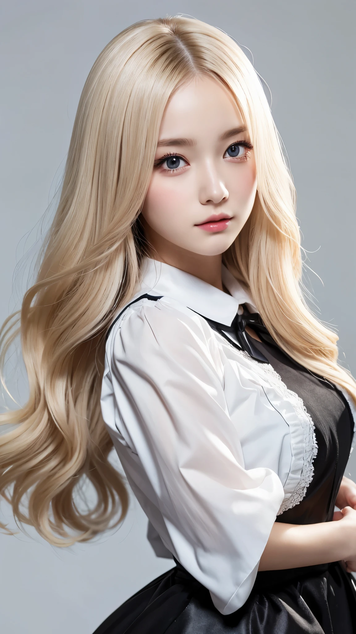 Gothic Maid:2.0、forehead、round face:2.0、Curly Hair:2.0、Super Long Hair:2.0、cowboy shot:2.0、Extreme pose、white blonde Hair:1.0、Waist-length hair、Northern Europe:1.0、beautiful girl、White background、cute、Young、True Face、Shiny Hair、whole body、tab highest quality, figure, super detailed, finely, High resolution, 8k wallpaper, Perfect dynamic composition, detailed and beautiful eyes,blondes, Natural Color Lip,white background, random cute poses,