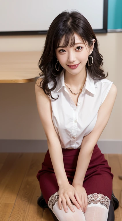 ( table top in front of you,  top quality,  high definition , ,  perfect pixel for shoulder-length hair, 4K,),  1 girl, single, Alone,  beautiful woman、 I was able to see my whole body、 ((Wavy medium hair, bangs, Brown Hair)), (( brown eyes, Beautiful eyelashes,  realistic  eyes)), (( detailed face , :1.2)), (( smooth texture:0.75,  realistic  texture:0.65,  realistic :1.1,  anime CG style)), medium breasts,  dynamic angle ,  perfect body, ((, female teacher, ,  earrings、 Necklaces 、 White collared shirt 、 Nice shirt without buttons  、dark blue flared skirt 、 black knee-high stockings 、 open your legs wide、、 has a smiling face 、 sit on the floor、 lean forward )), Superior、、、 evening 、、( you can see white and red lace panties and bras、、( Put your chest and arms together and you can see  、 raise your skirt to show your panties 、 wind blows up my skirt)、 angle from below )、