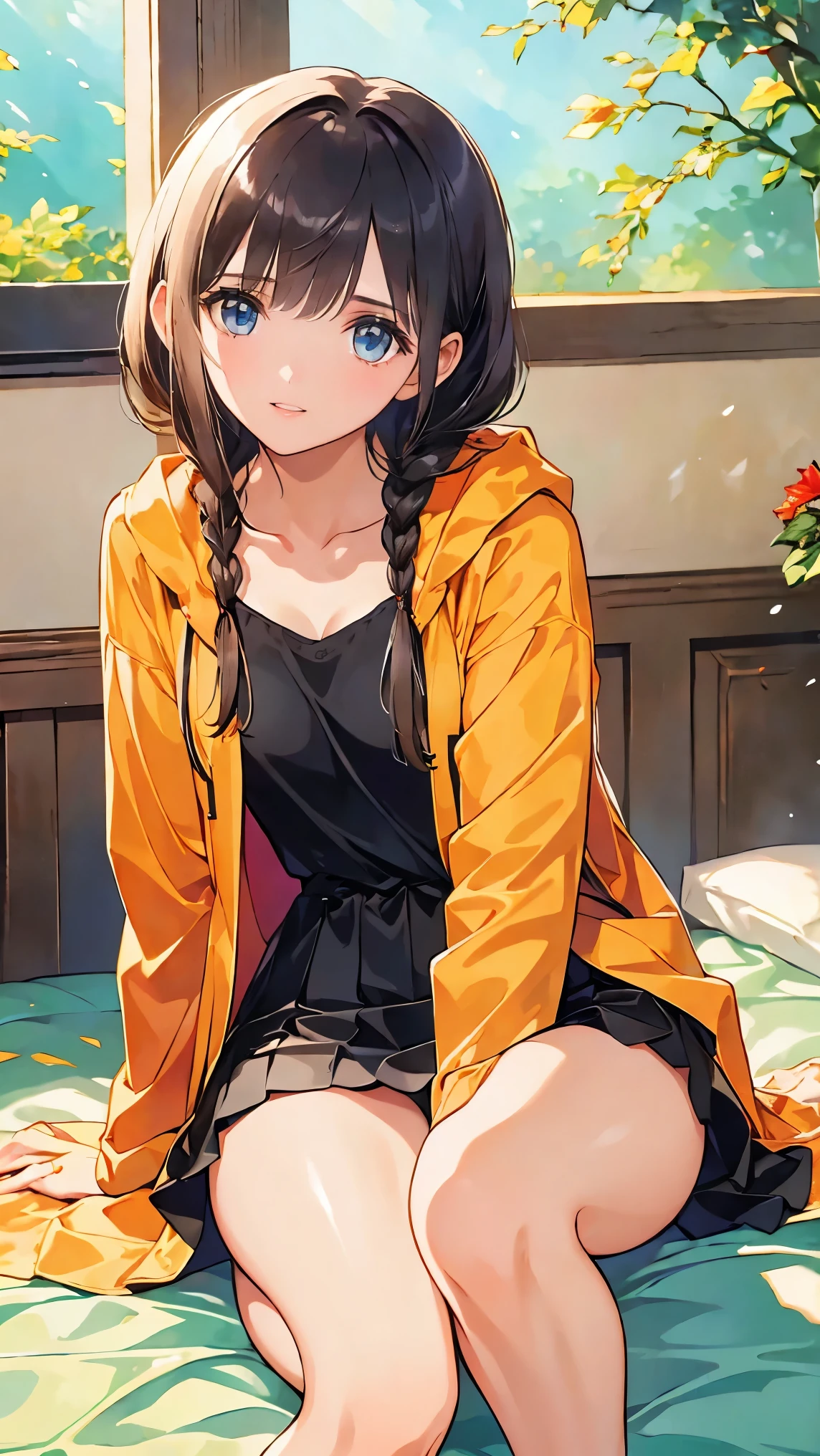 The body is eight times longer than the head , ( High quality CG Unity 8k ), ( top quality),( very detailed),( masterpiece , top quality:1.2), 18 years old, very beautiful girl, Alone, a coffee shop with a happy expression looking at the camera , Accurate Face, She's calm , large jacket , mini skirt with snaps around her knees , sneakers., aromatic coffee, whole body, simple background, , review, shortcut , Bedhead, short braided hair ,Neat, slender beauty ,Correct posture, small breasts, beautiful legs, my enchanting gray-blue eyes shine like stars ,Droopy eyes, bright color , beautiful eyes ,A delicate smile,textured skin, The best of the best quality , a beautiful woman's bedroom , Anime Style 、