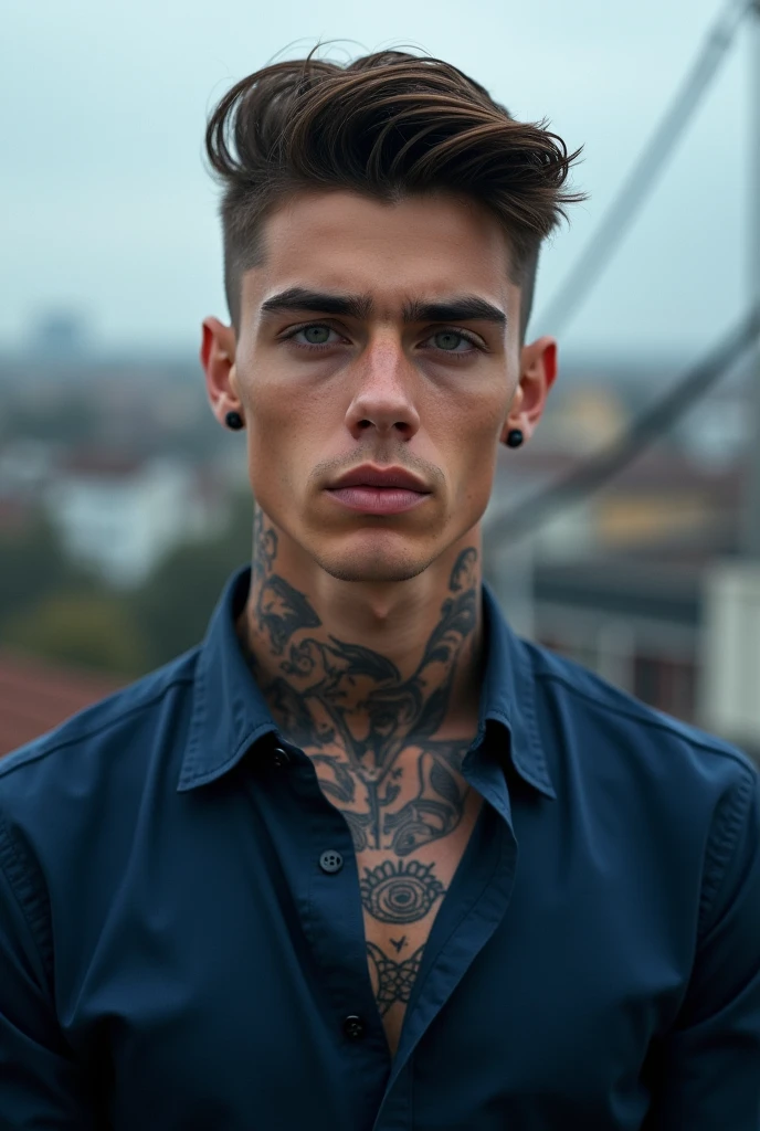 a young man AI high quality muscular tattoo with name “ruy” light skin tanned piercing gaze pink mouth with realistic animated bedroom background