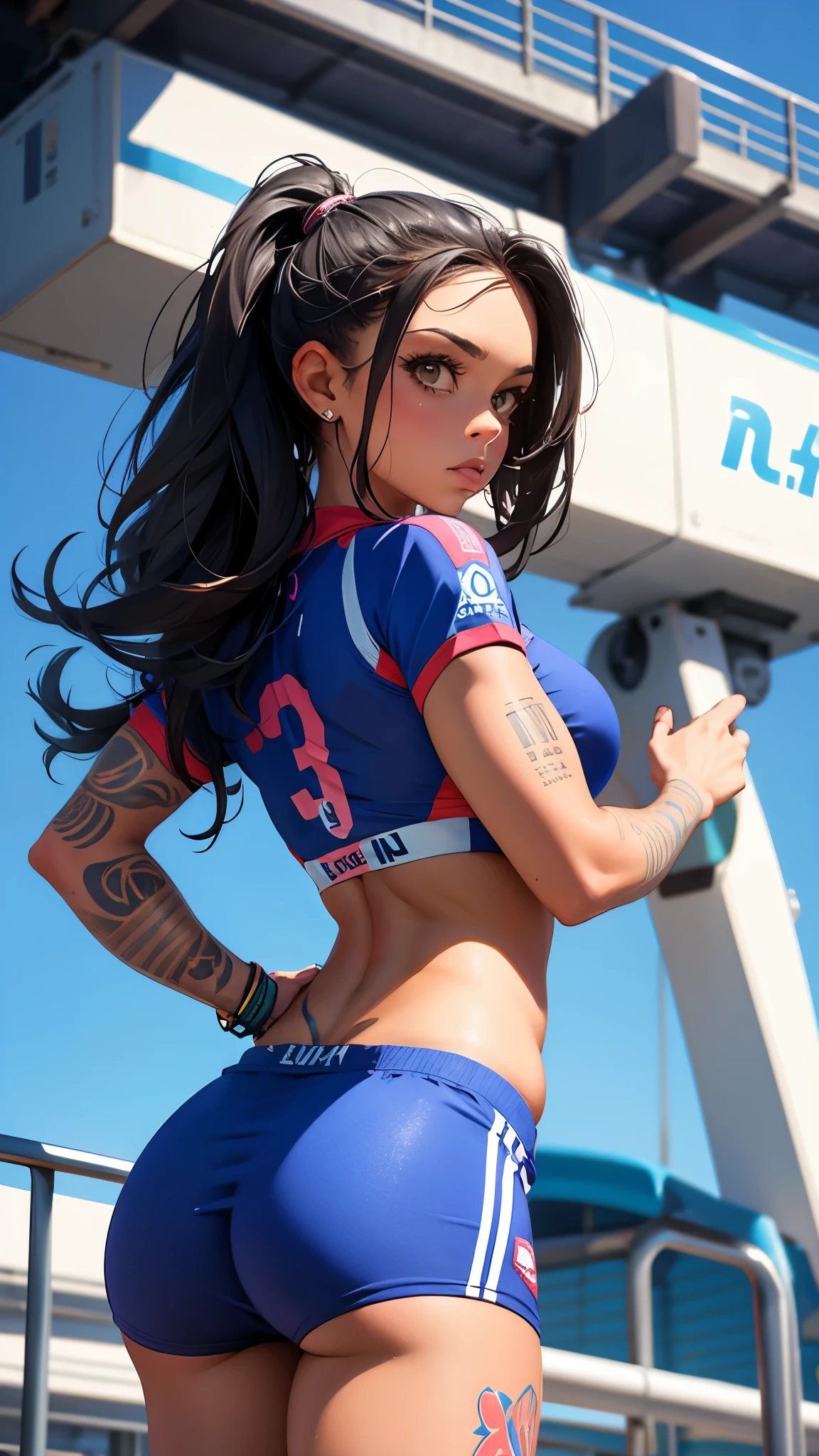 Caucasian woman, blue-black hair, wavy hair, long hair, hair parted in the middle, blue eyes, (focus on eyes), (reflections in eyes), shiny eyes, red lipstick, smile,  toned body, athletic body, medium breasts, nipples, legs, white sports leotard, Gymnastics stadium, back, buttocks, shot from behind.