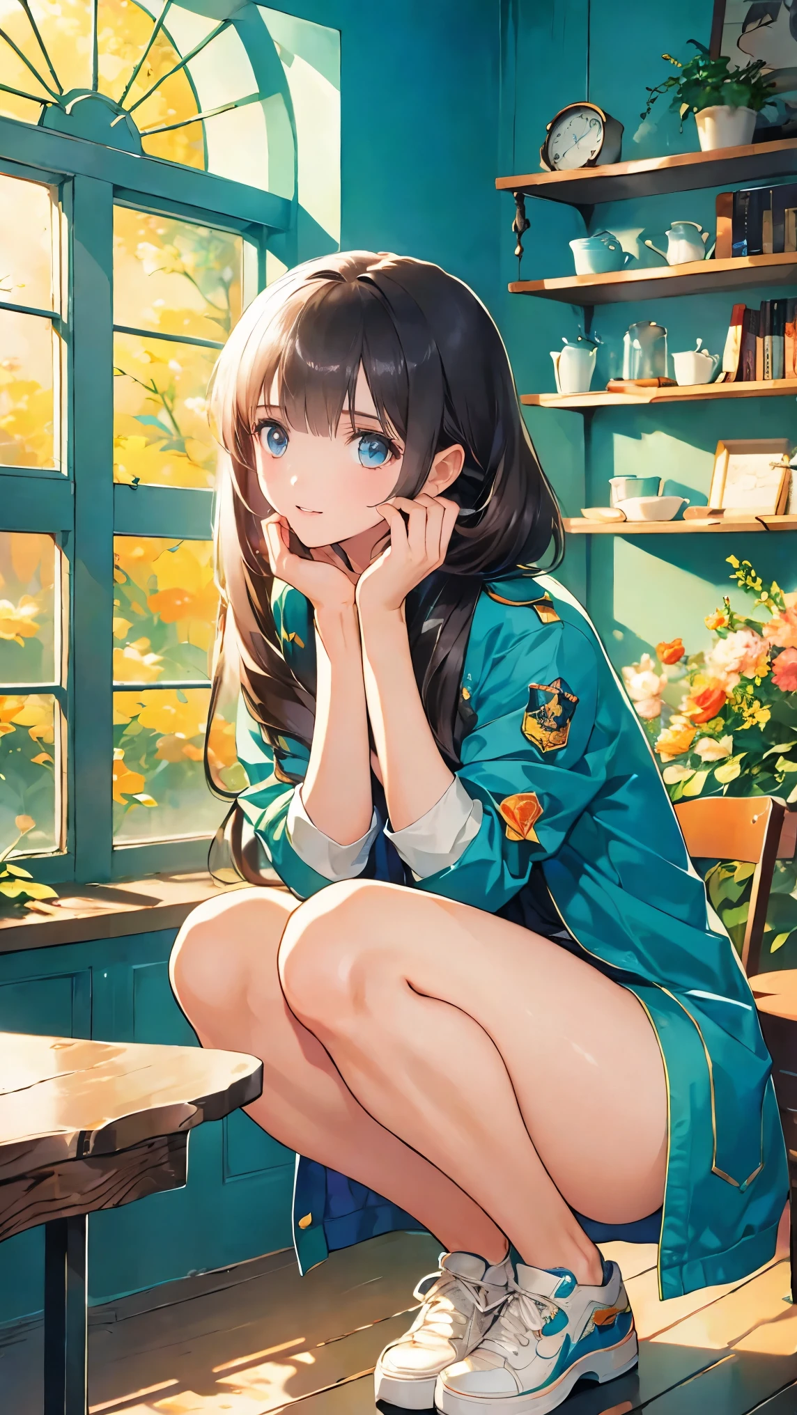 The body is eight times longer than the head , ( High quality CG Unity 8k ), ( top quality),( very detailed),( masterpiece , top quality:1.2), 18 years old, very beautiful girl, Alone, a coffee shop with a happy expression looking at the camera , Accurate Face, She's calm , large jacket , mini skirt with snaps around her knees , sneakers., aromatic coffee, whole body, simple background, , review, shortcut , Bedhead, short braided hair ,Neat, slender beauty ,Correct posture, small breasts, beautiful legs, my enchanting gray-blue eyes shine like stars ,Droopy eyes, bright color , beautiful eyes ,A delicate smile,textured skin, The best of the best quality , a beautiful woman's bedroom , Anime Style 、