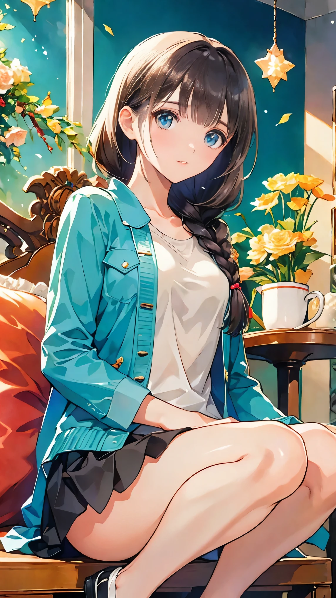 The body is eight times longer than the head  , (  High quality CG Unity 8k ), (  top quality)，(   very detailed)，(  masterpiece  ,  top quality:1.2), 18 years old,   very beautiful girl, Alone,  a coffee shop with a happy expression looking at the camera   , Accurate Face,  She's calm  ,   large jacket   ,   mini skirt with snaps around her knees  ,   sneakers.,   aromatic coffee, whole body,  simple background, , review，   shortcut ， Bedhead，   short braided hair ，Neat，   slender beauty ，Correct posture， small breasts，   beautiful legs，    my enchanting gray-blue eyes shine like stars ，Droopy eyes，   bright color ,    beautiful eyes  ,A delicate smile,textured skin,  The best of the best quality ,  a beautiful woman's bedroom   ,   Anime Style ､
