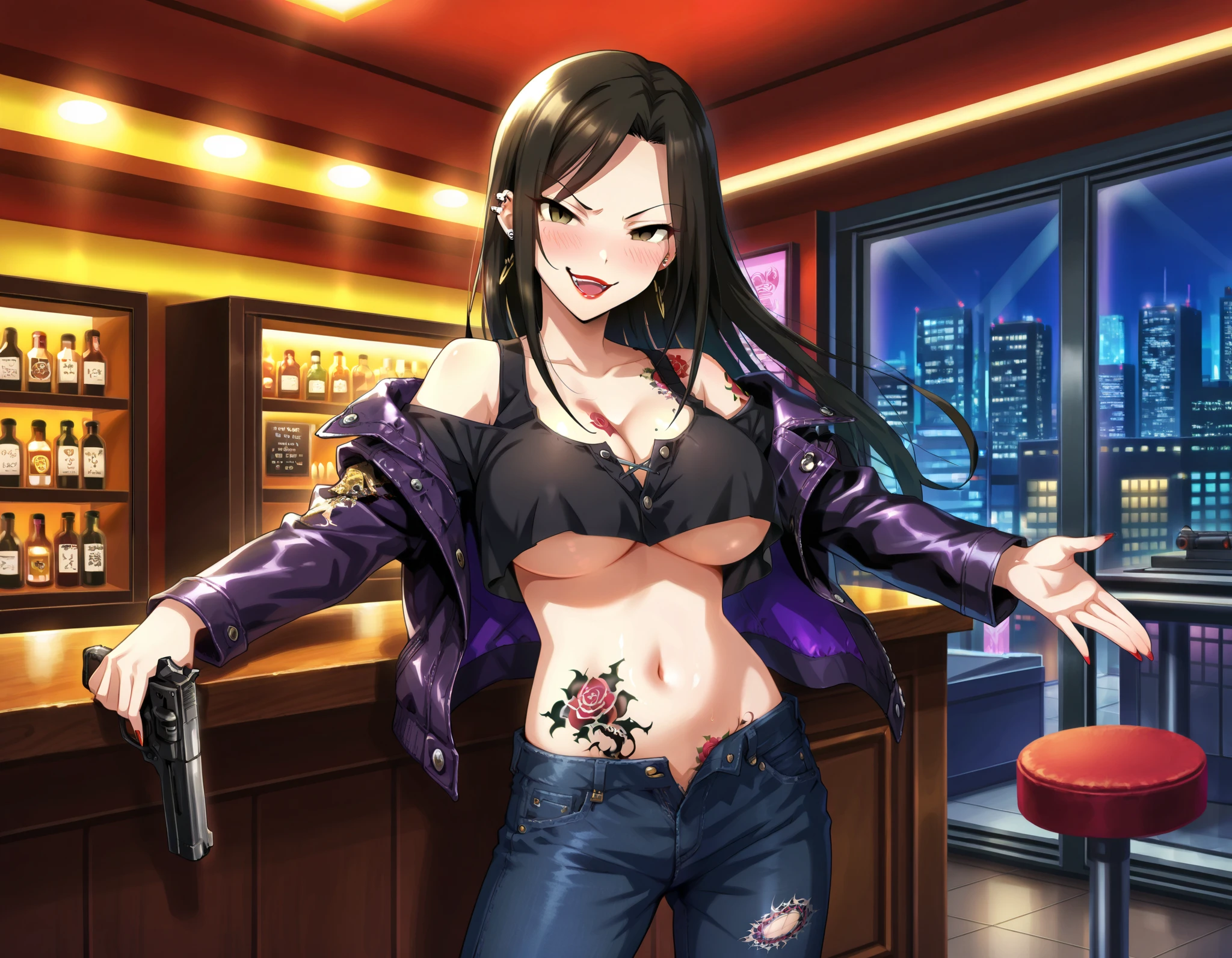 score_9, score_8_up, score_7_up, source_anime,mukai takumi, long hair, black hair, hazel eyes, 1girl, smirk, red lips, large breasts, bad attitude, mean girl, ear piercing, long hair, blush, lipstick,Hot girl, baddie, smoking, sensual, attractive , bar background, inside bar,indoors, bar, indoor, cityscape, building, masterpiece,high quality,4k, bare shoulder,belly,crop top,holding pistol,cleavage, unbuttoned shirt,shirt, knot, indoor,smile, open mouth, (nsfw) not safe for work, evil expression, exposed belly, exposed navel, exposed midriff, exposed lower belly, crop top overhang, underboob,jacket, unbuttoned jeans , low rise black jeans, Low rise jeans, Low rise jeans with open fly , tattoo on body, rose tattoo, dragon tattoo, , shiny skin, open arms sideway, arms T-pose, smirk, standing, anime girl T posing,