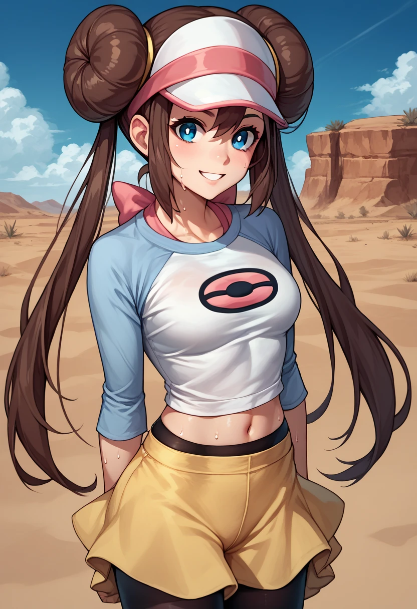 score_9, score_8_up, score_7_up, source_anime, 1girl, solo, outdoors, rosa, navel, sweating, sweat, desert, cape, hood, smile, brown hair, double bun, doughnut hair bun, hair bun, blue eyes, hair between eyes, twintails, pantyhose, pantyhose under shorts, raglan sleeves, skirt, yellow skirt, white shirt, blue sleeves, long sleeves, visor cap, looking at viewer, cowboy shot,