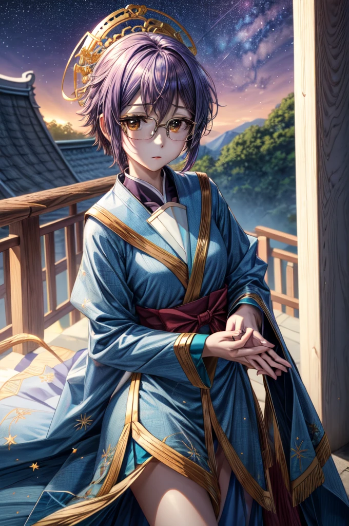 (masterpiece), (ultra-high detail), (best quality), Yuki with a serene expression, wearing a meticulously detailed blue skirt and glasses, dressed in a precisely designed serafuku summer uniform with intricate kneehighs. She stands gracefully on ancient temple stairs, surrounded by a lush, dense mountain forest at night. The Milky Way and countless stars illuminate the sky, casting a magical and ethereal glow over the entire scene. Yuki gazes directly at the viewer with a sense of wonder, as the serene ambiance encapsulates the beauty of the moment.