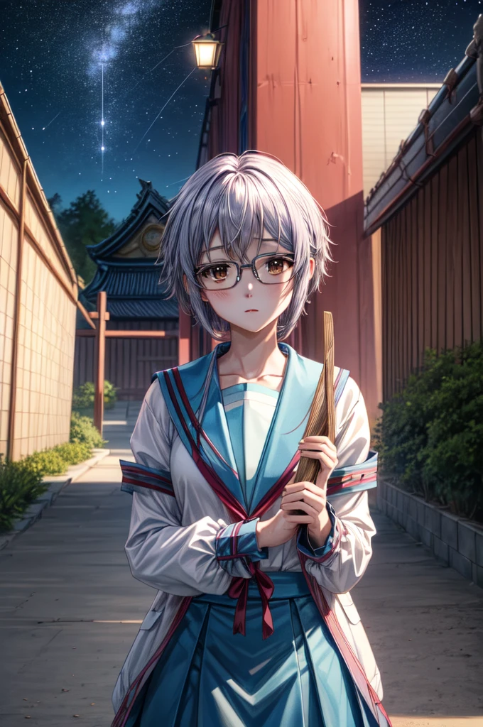 (masterpiece), (ultra-high detail), (best quality), Yuki with a serene expression, wearing a meticulously detailed blue skirt and glasses, dressed in a precisely designed serafuku summer uniform with intricate kneehighs. She stands gracefully on ancient temple stairs, surrounded by a lush, dense mountain forest at night. The Milky Way and countless stars illuminate the sky, casting a magical and ethereal glow over the entire scene. Yuki gazes directly at the viewer with a sense of wonder, as the serene ambiance encapsulates the beauty of the moment.