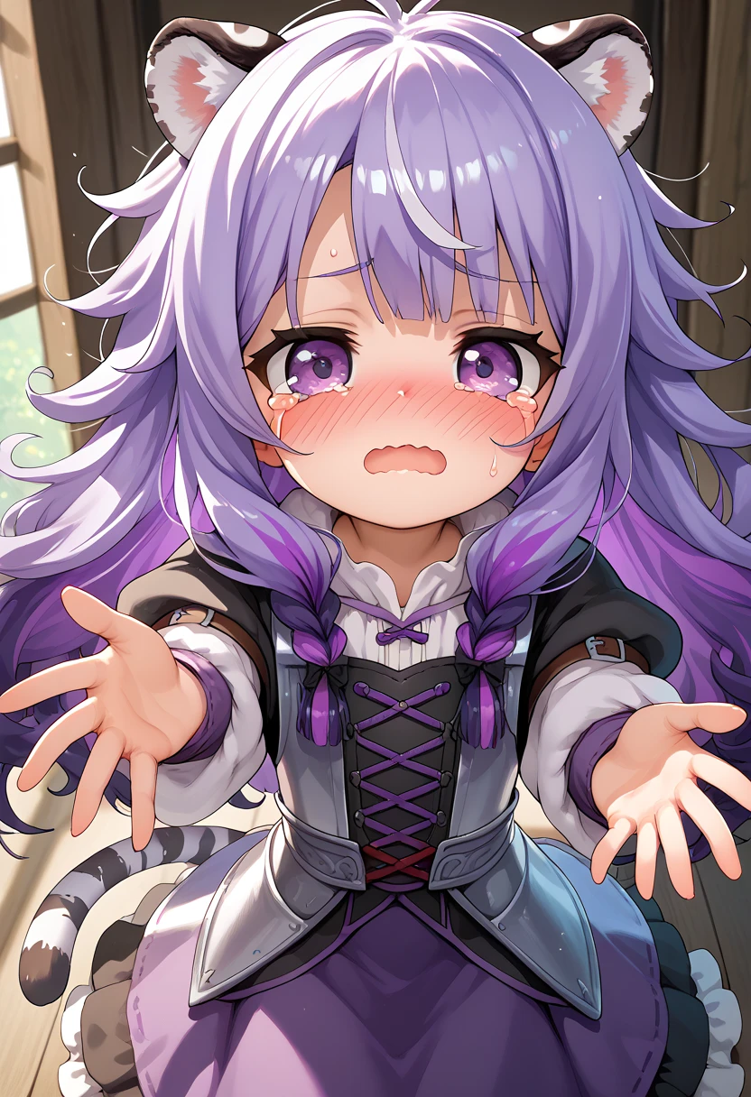 ((masterpiece)), anime lighting, 1boy, solo, long hair, purple hair, multicolored hair, purple eyes, cute, shy, blush, young, very young, white tiger ears, white tiger tail, medieval clothes, front view, messy hair, armored clothes, purple clothes, black clothes, multicolored clothes, shortstack, crying, open mouth, wavy mouth, reaching out to the viewer with both hands, view from above, female viewer.