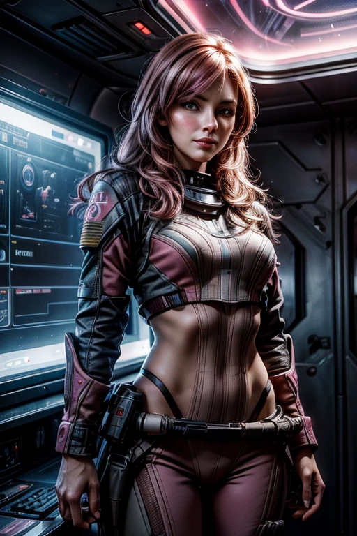 pink and brown hair, multicolored hair, neopolitanatlas, tactical suit, smile, standing inside space station, with male crew member, in front of control panel, behind them a huge window showing a spaceship standing against a background of stars and a planet, small crowd in military style tactical suits are busy at their stations, cowboy shot, masterpiece, heart shaped face, elegant face, beautiful face, highly detailed face, highly detailed skin, skin pores, subsurface scattering, realistic pupils, looking at viewer, full lips, detailed background, depth of field, atmospheric perspective, volumetric lighting, sharp focus, absurdres, realistic proportions, good anatomy, (realistic, hyperrealistic:1.4), 16k hdr,