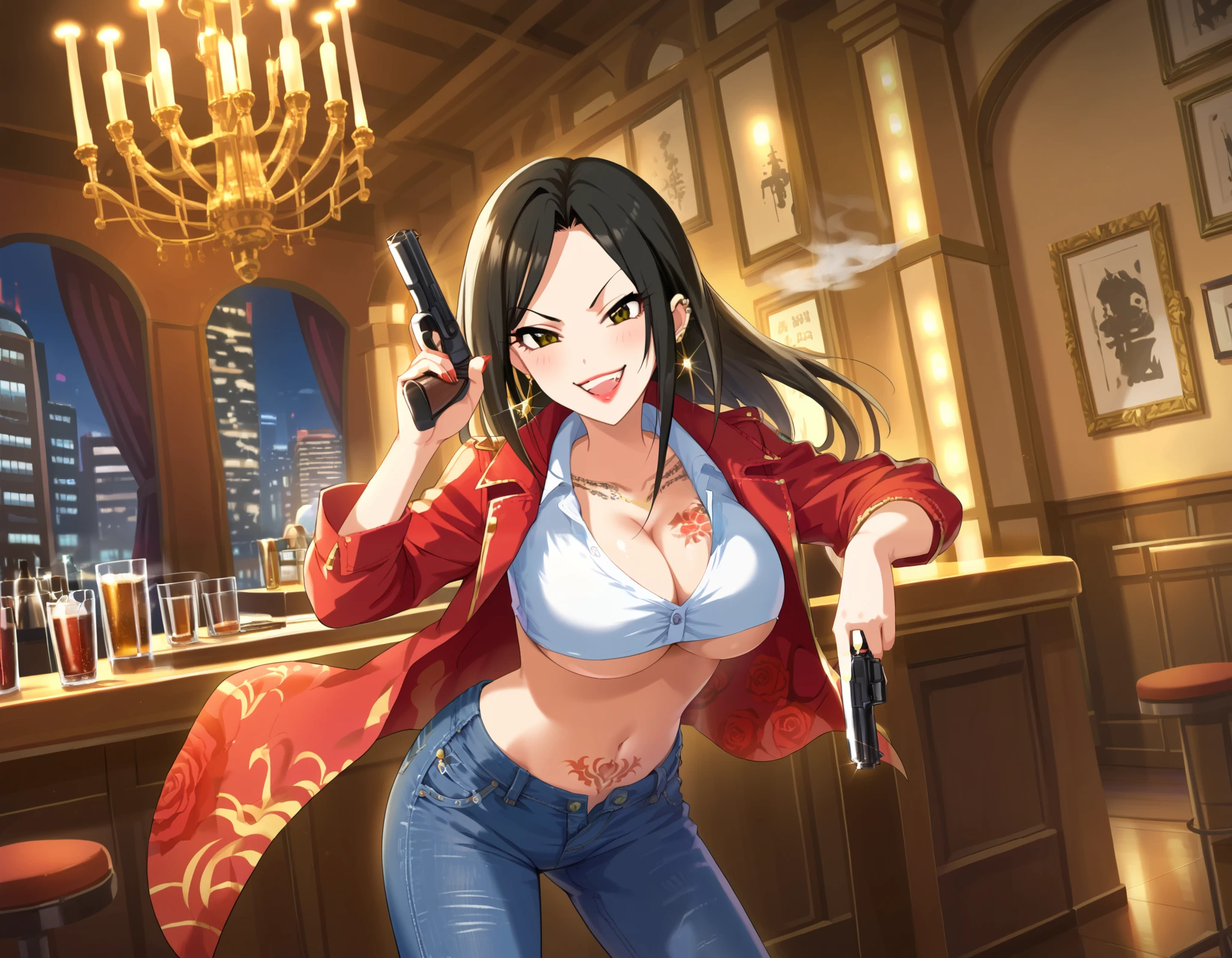 score_9, score_8_up, score_7_up, source_anime,mukai takumi, long hair, black hair, hazel eyes, 1girl, smirk, red lips, large breasts, bad attitude, mean girl, ear piercing, long hair, blush, lipstick,Hot girl, baddie, smoking, sensual, attractive , bar background, inside bar,indoors, bar, indoor, cityscape, building, masterpiece,high quality,4k, bare shoulder,belly,crop top,holding pistol,cleavage, unbuttoned shirt,shirt, knot, indoor,smile, open mouth, (nsfw) not safe for work, evil expression, exposed belly, exposed navel, exposed midriff, exposed lower belly, crop top overhang, underboob,jacket, unbuttoned jeans , low rise black jeans, Low rise jeans, Low rise jeans with open fly , tattoo on body, rose tattoo, dragon tattoo, , shiny skin, open arms sideway, arms T-pose, smirk, standing, anime girl T posing,