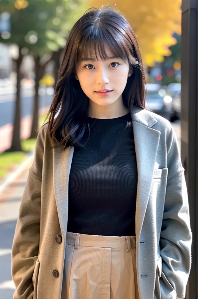 (masterpiece, best quality, perfect anatomy, highres, 8k, realistic, photorealistic, natural skin texture, no makeup:1.2), 1girl, solo, Japanese, age20, female university student, very cute, parted lips, (large breasts:1.2), (perfect figure1.2). winter clothes, (mini skirt), winter, Tokyo down town, natural lighting, portrait, nekogao