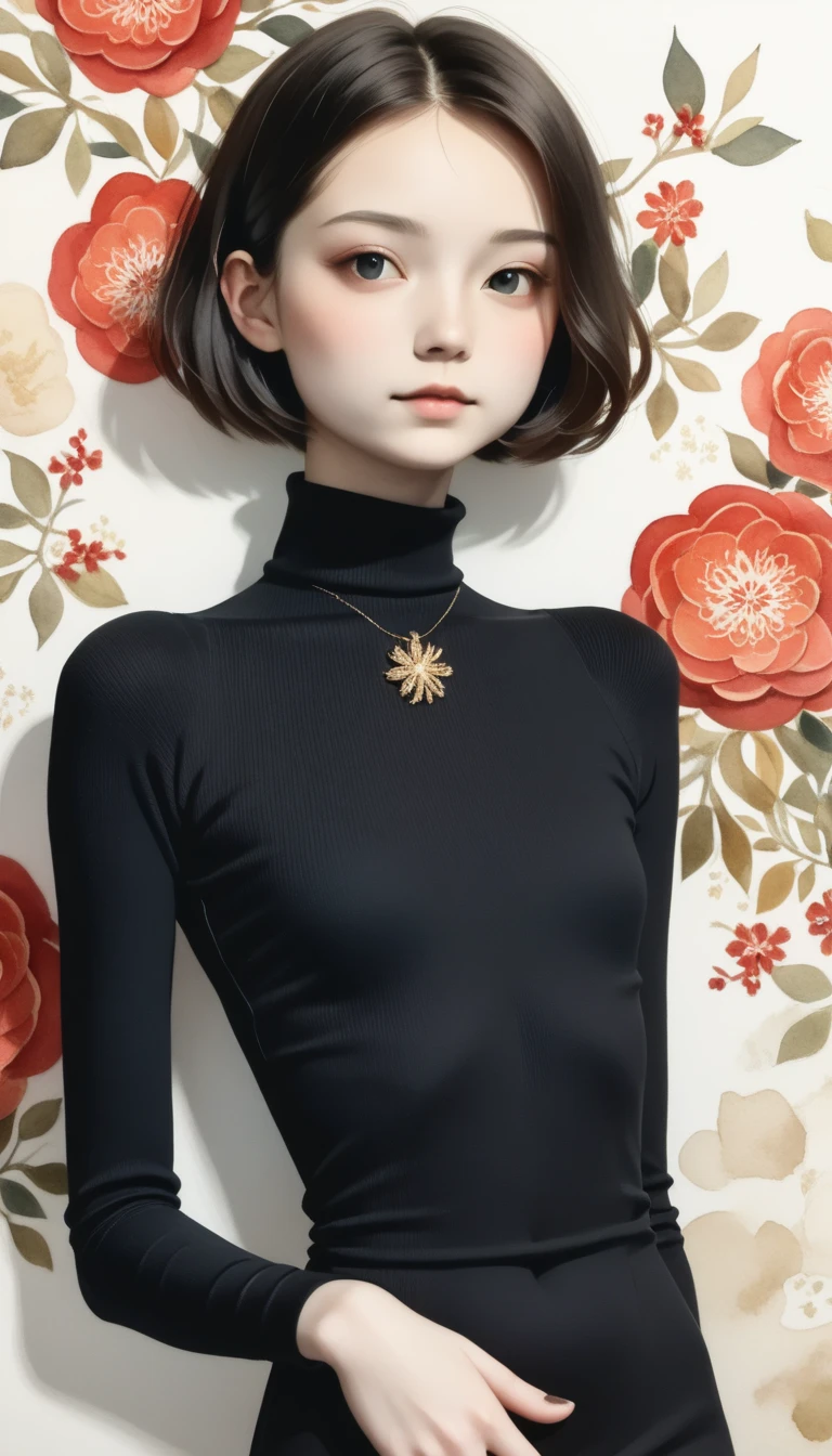 Highest quality、masterpiece、Perfect Anatomy、Center of chest,Black Dress,turtleneck, (((15-year-old girl, slim, short hair)))、Small breasts、Small breasts、Flat Chest、Turtleneck knit、Watercolor background、Watercolor background