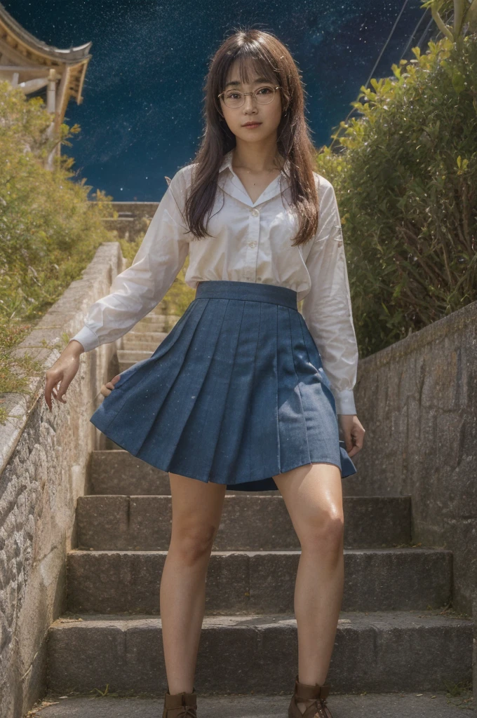 (masterpiece), (ultra-high detail), (best quality), Yuki with a serene expression, wearing a meticulously detailed blue skirt and glasses, dressed in a precisely designed serafuku summer uniform with intricate kneehighs. She stands gracefully on ancient temple stairs, surrounded by a lush, dense mountain forest at night. The Milky Way and countless stars illuminate the sky, casting a magical and ethereal glow over the entire scene. Yuki gazes directly at the viewer with a sense of wonder, as the serene ambiance encapsulates the beauty of the moment.