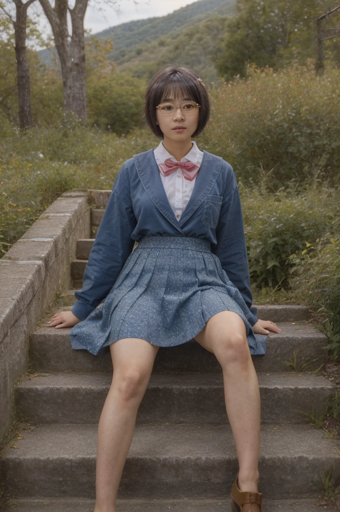 (masterpiece), (ultra-high detail), (best quality), Yuki with a serene expression, wearing a meticulously detailed blue skirt and glasses, dressed in a precisely designed serafuku summer uniform with intricate kneehighs. She stands gracefully on ancient temple stairs, surrounded by a lush, dense mountain forest at night. The Milky Way and countless stars illuminate the sky, casting a magical and ethereal glow over the entire scene. Yuki gazes directly at the viewer with a sense of wonder, as the serene ambiance encapsulates the beauty of the moment.