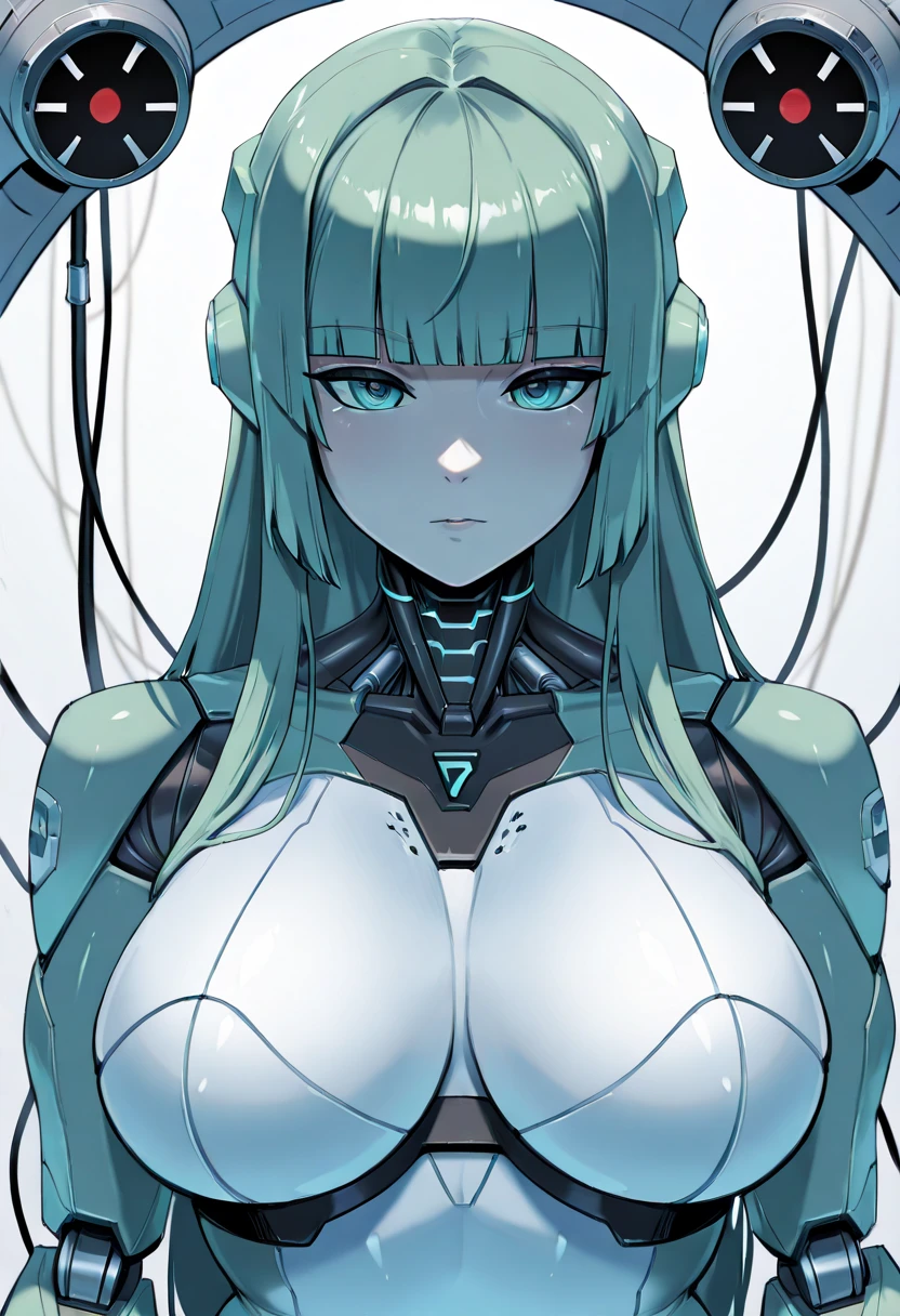 masterpiece, best quality, extremely detailed,portrait,upper body,front view,Japaese android girl,Plump, control panels,android,Droid,Mechanical Hand, Robot arms and legs,Blunt bangs,long tube,thick cable connected her neck,