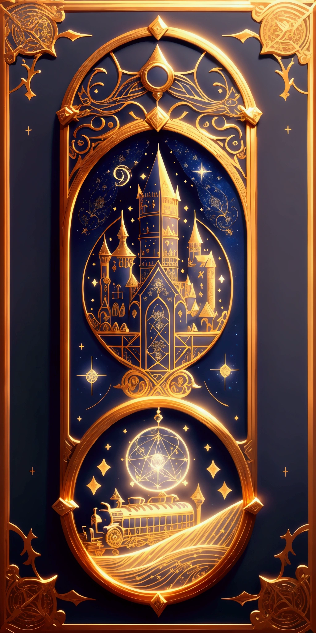 (Create a highly detailed and visually enchanting bookmark design inspired by a magical train journey. The bookmark features a vintage steam engine as the centerpiece, glowing with magical runes etched into its metallic body. The background is a starry night sky with a luminous full moon casting a silvery glow. Soft, swirling mist surrounds the train, creating a mysterious and magical atmosphere. Along the edges of the bookmark, intricate golden filigree patterns frame the design, with subtle arcane symbols and runes etched into the border. A faint silhouette of a distant castle is visible in the upper background, blending seamlessly with the sky. The color palette includes deep blues, shimmering silvers, and rich golds, creating a luxurious and magical feel. Add glowing sparkles and soft light effects around the train to enhance the mystical aesthetic. The bookmark should have a vertical orientation with a size ratio suitable for practical use, such as 5 cm wide by 15 cm tall. Ensure the details are crisp and textures are realistic, giving the impression of a hand-painted masterpiece. Avoid heavy gradients; use subtle shading to create depth while keeping the design suitable for crafting purposes like laser etching or high-quality printing. The final image should evoke a sense of wonder and be visually captivating for fans of magical and fantasy themes.)