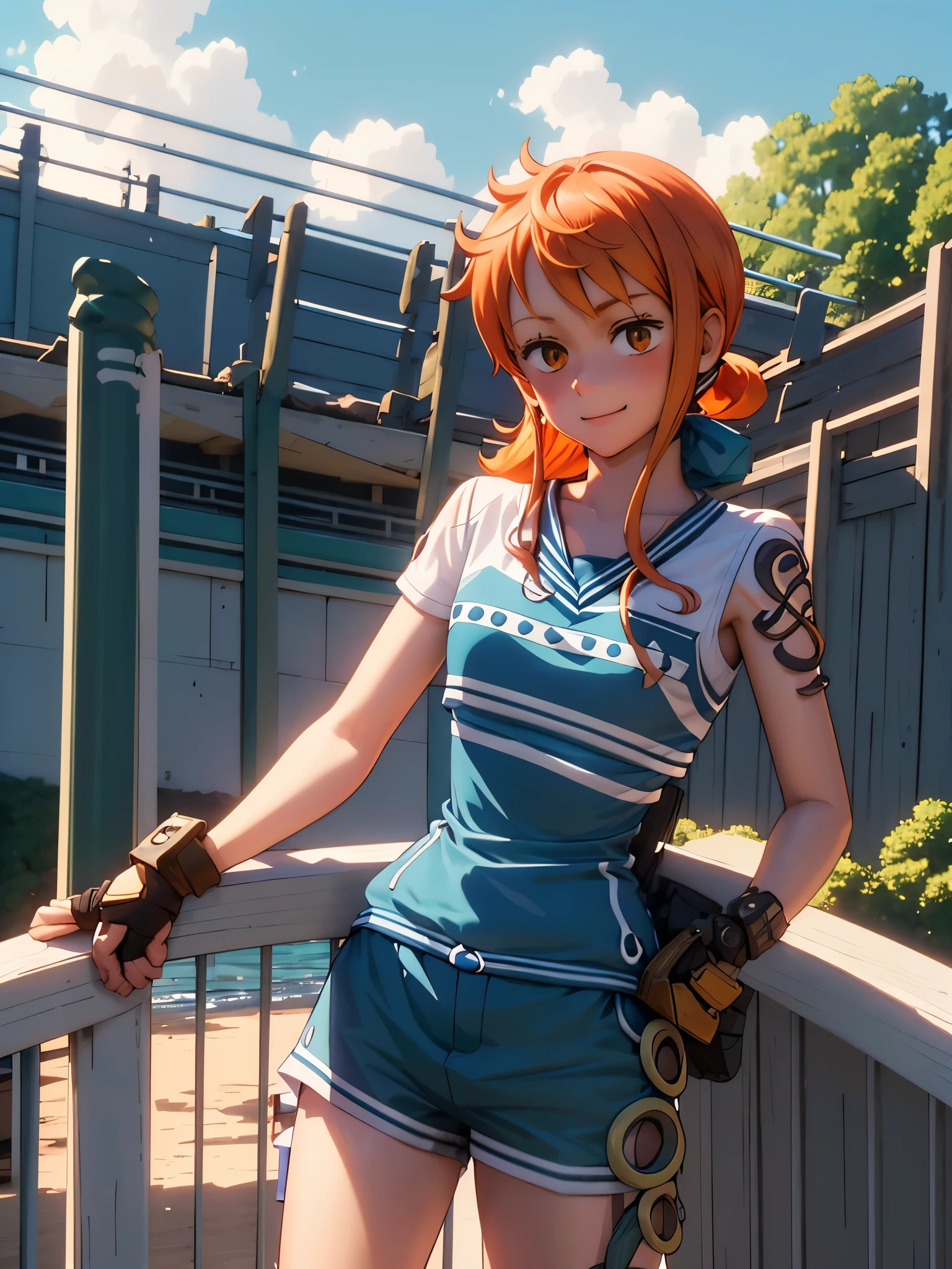 Nami A girl in the anime One Piece with orange hair, orange eyes, and a big and beautiful body is standing in a beautiful scenery and smilingThere is a beautiful nature behind him, he is standing next to his Toyota Land Cruiser, the wind is blowing him, 4k landscape and photo quality