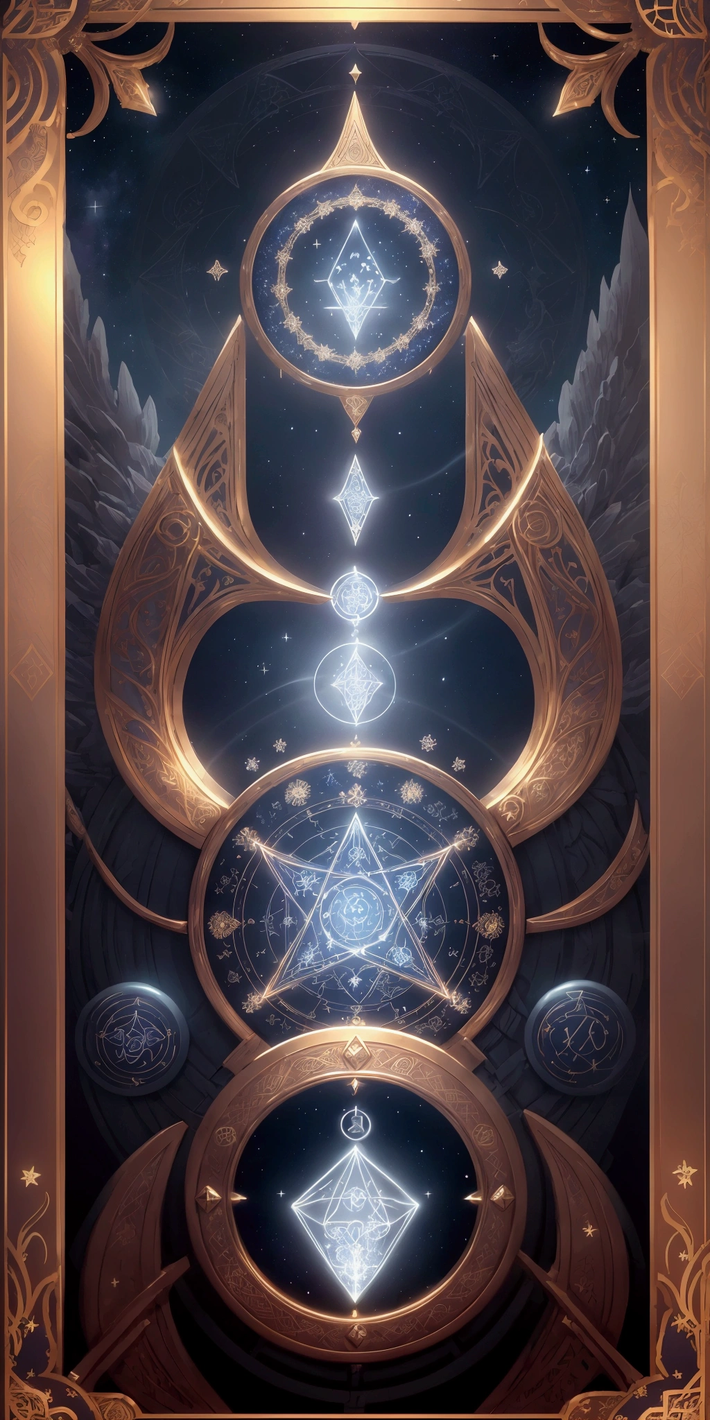 (Create a highly detailed and visually enchanting bookmark design inspired by a magical train journey. The bookmark features a vintage steam engine as the centerpiece, glowing with magical runes etched into its metallic body. The background is a starry night sky with a luminous full moon casting a silvery glow. Soft, swirling mist surrounds the train, creating a mysterious and magical atmosphere. Along the edges of the bookmark, intricate golden filigree patterns frame the design, with subtle arcane symbols and runes etched into the border. A faint silhouette of a distant castle is visible in the upper background, blending seamlessly with the sky. The color palette includes deep blues, shimmering silvers, and rich golds, creating a luxurious and magical feel. Add glowing sparkles and soft light effects around the train to enhance the mystical aesthetic. The bookmark should have a vertical orientation with a size ratio suitable for practical use, such as 5 cm wide by 15 cm tall. Ensure the details are crisp and textures are realistic, giving the impression of a hand-painted masterpiece. Avoid heavy gradients; use subtle shading to create depth while keeping the design suitable for crafting purposes like laser etching or high-quality printing. The final image should evoke a sense of wonder and be visually captivating for fans of magical and fantasy themes.)