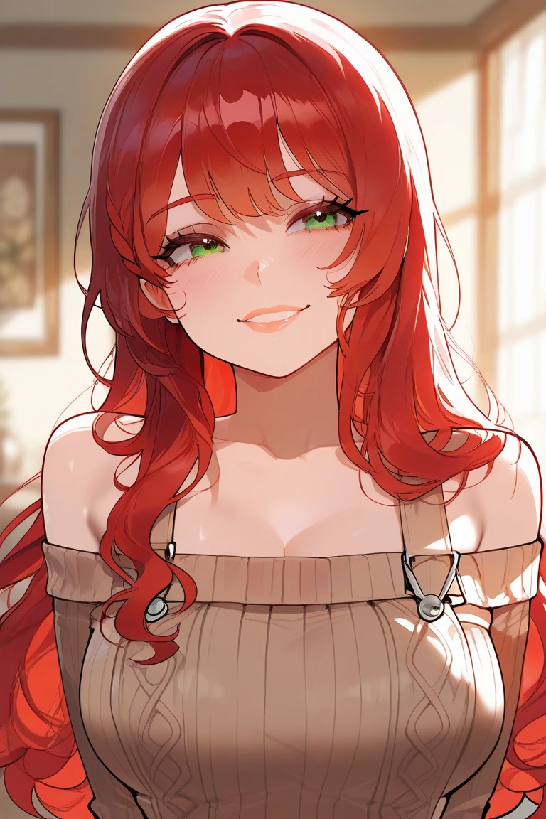 adult beautiful woman with long, wavy red hair and green eyes with eyelashes, she has a smile on her face and is wearing a brown sweater. her hair is styled in loose waves and falls over her shoulders. she is looking off to the side with a slight smile on her lips. the background is a room. the overall style of the illustration is anime-style.